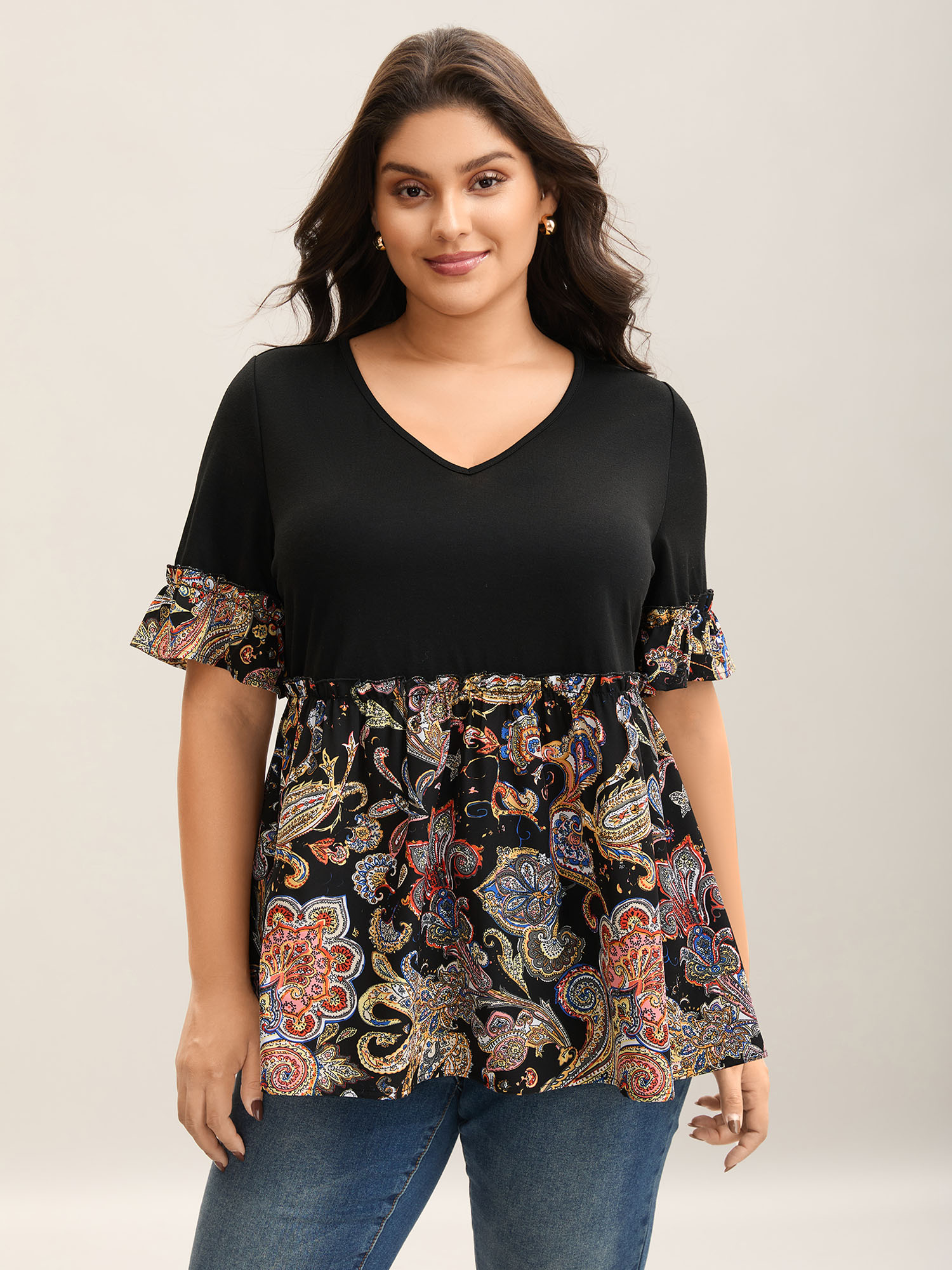 

Plus Size Floral Print Spliced V-Neck Knit Top Black V-neck Half Sleeve Elegant Jersey Tops