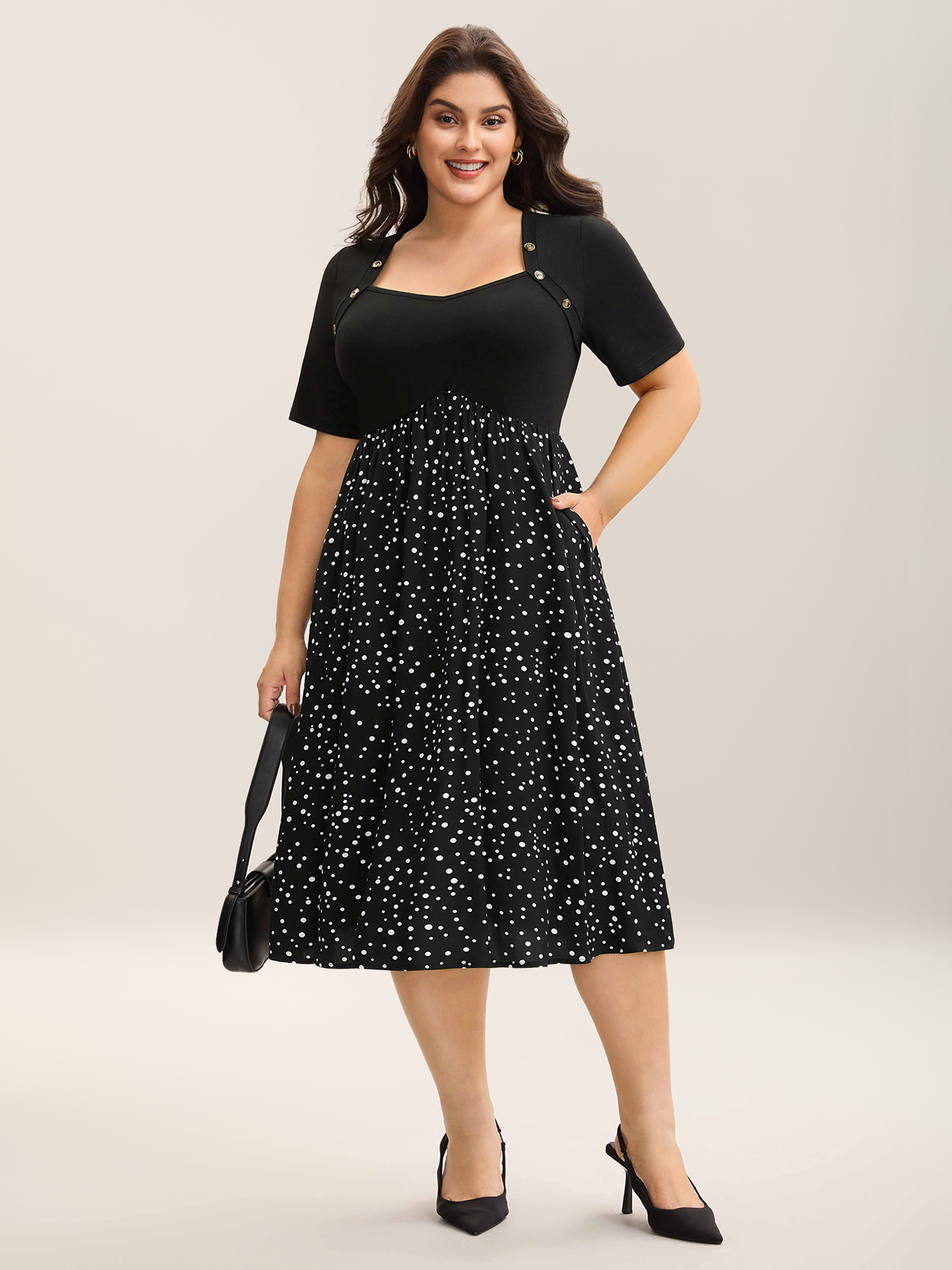 

Plus Size Color Contrast Shoulder Button Sleeve Midi Dress Black Women Elegant Button Heart neckline Short sleeve Curvy BloomChic