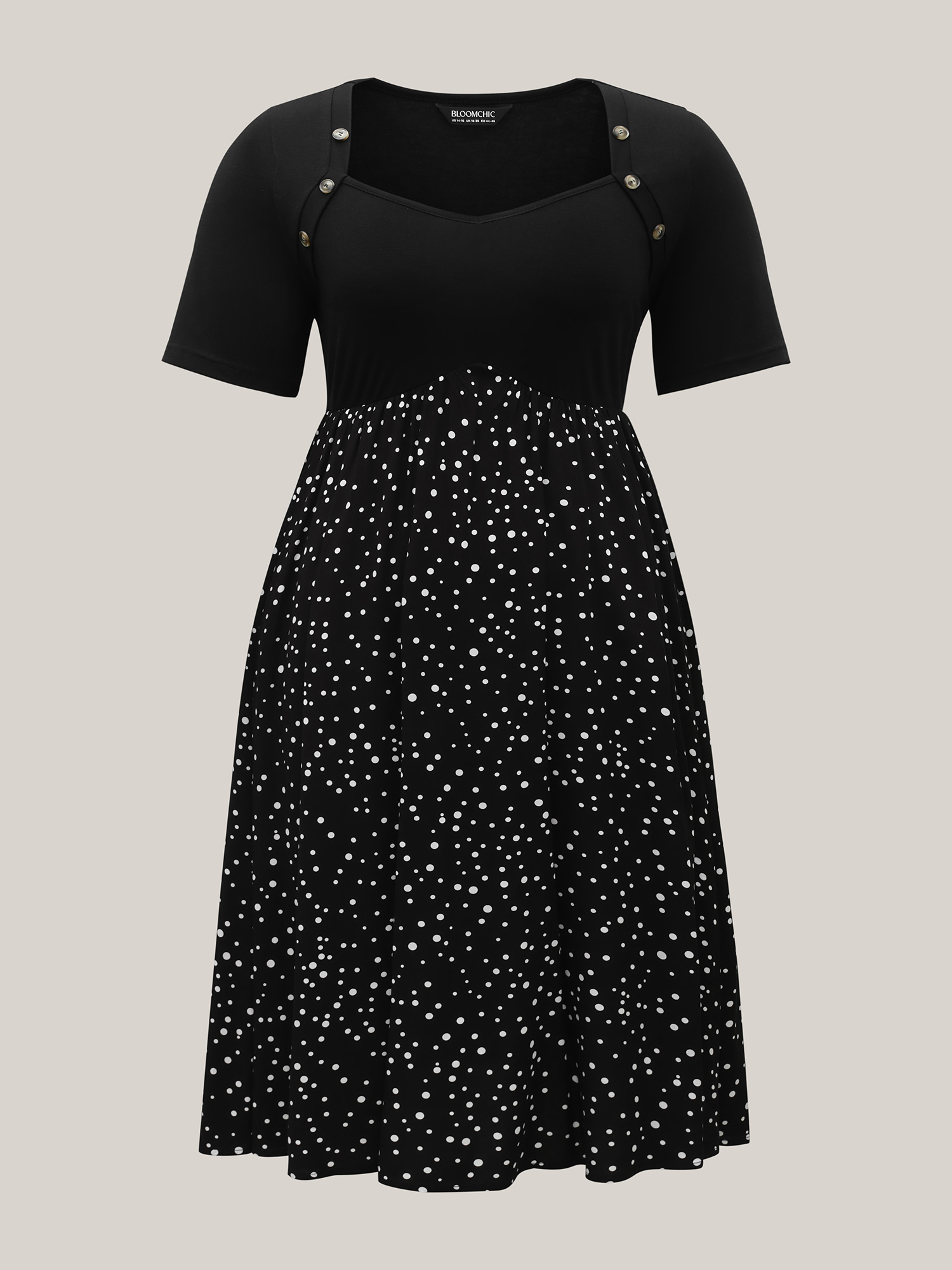 

Plus Size Color Contrast Shoulder Button Sleeve Midi Dress Black Women Elegant Button Heart neckline Short sleeve Curvy BloomChic