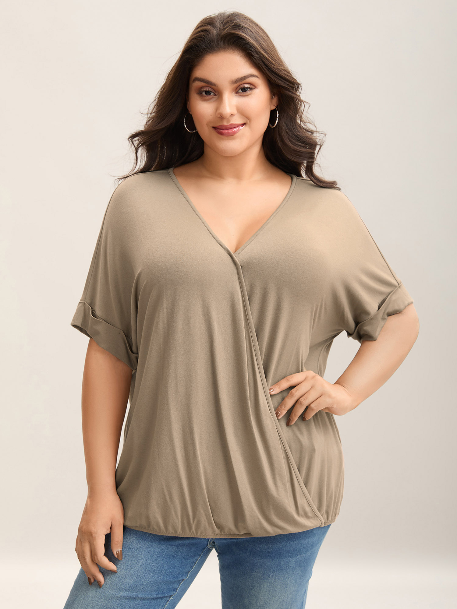 

Plus Size Supersoft Plain V-Neck Wrap Front T-Shirt Tan Women Casual Overlapping Overlap Collar Loose Everyday T-shirts BloomChic