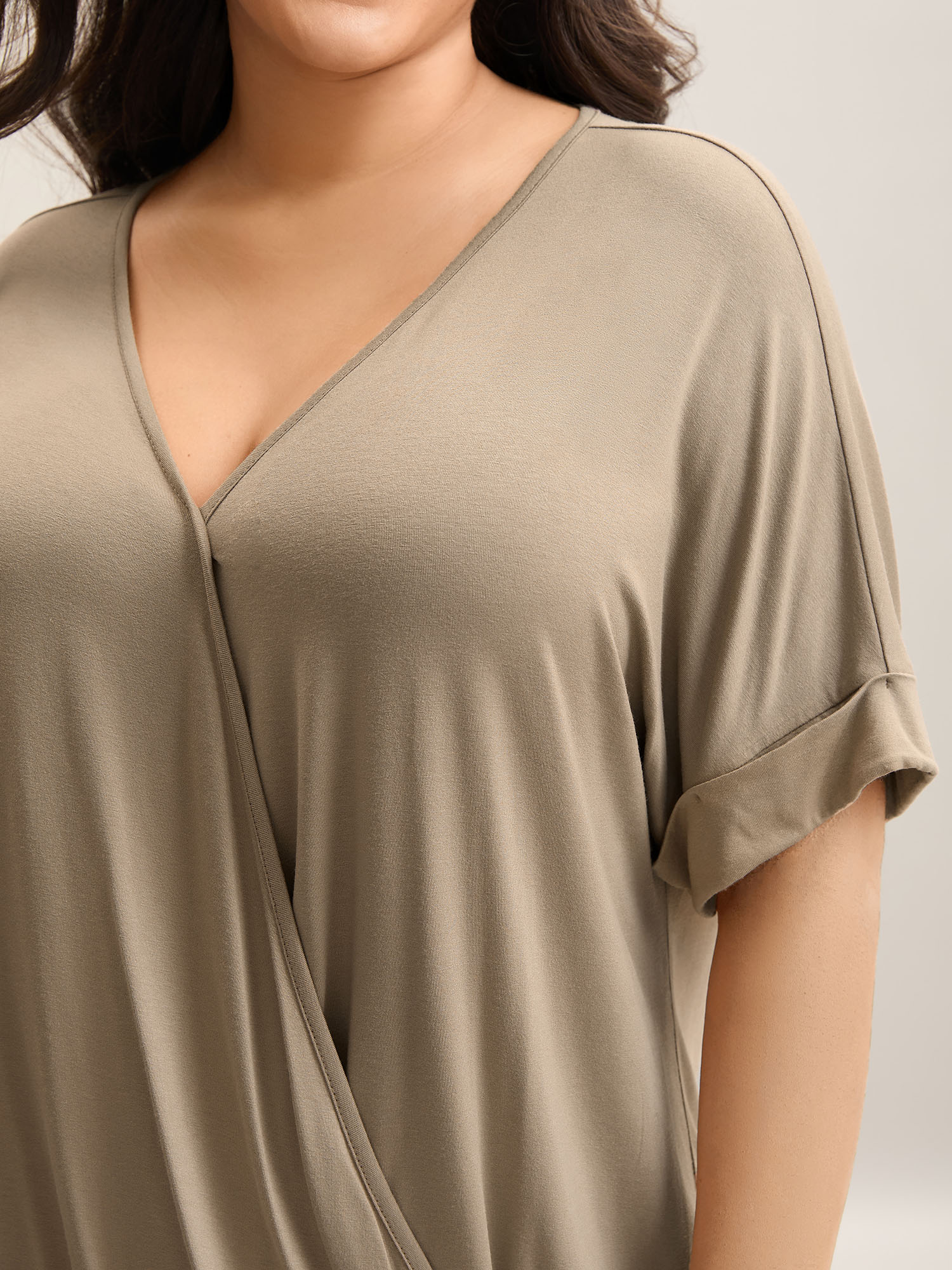 

Plus Size Supersoft Plain V-Neck Wrap Front T-Shirt Tan Women Casual Overlapping Overlap Collar Loose Everyday T-shirts BloomChic