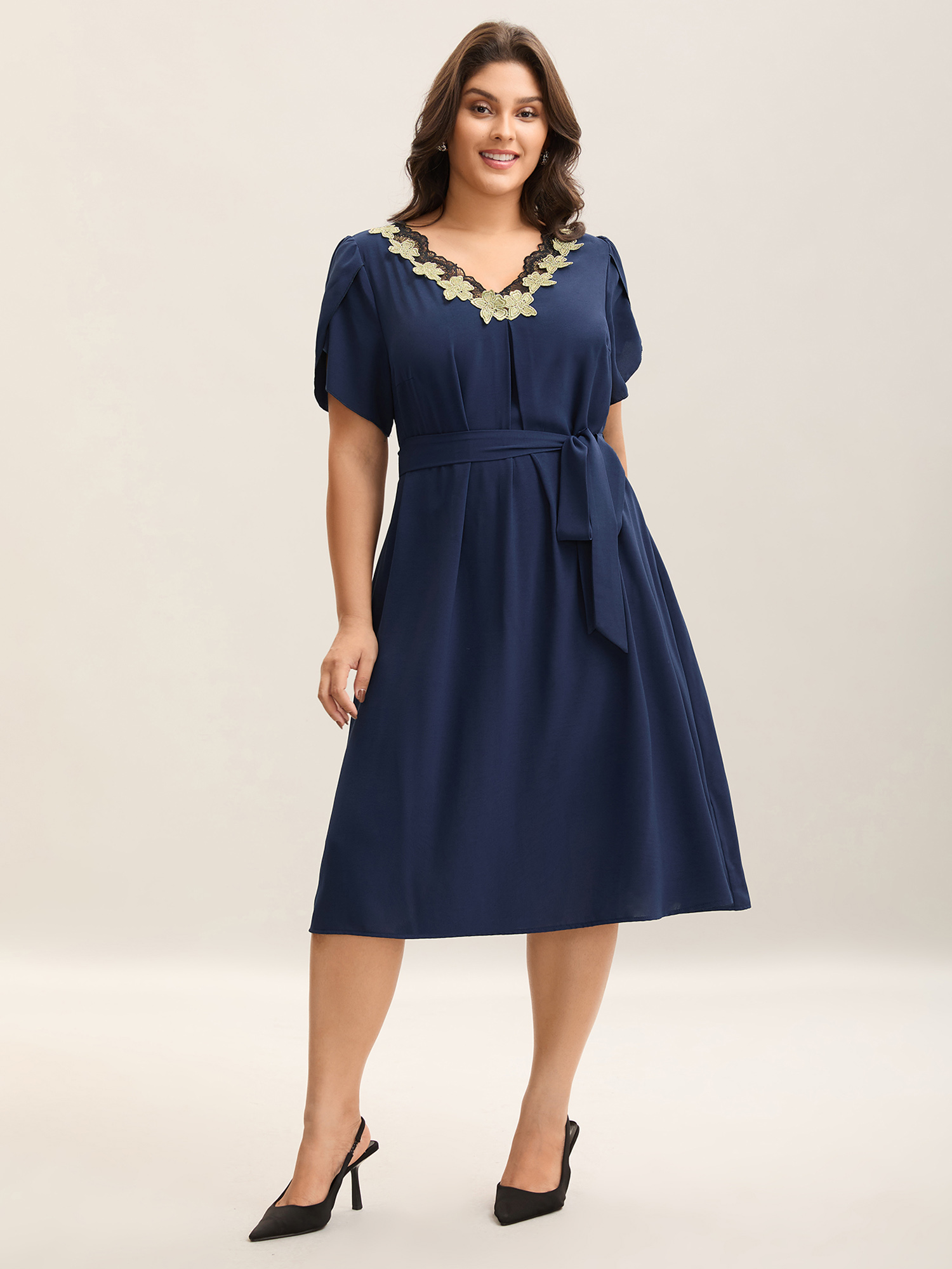 

Plus Size Petal Sleeve Waist-Tie Lace Midi Dress Navy Women Elegant Woven ribbon&lace trim V-neck Short sleeve Curvy BloomChic