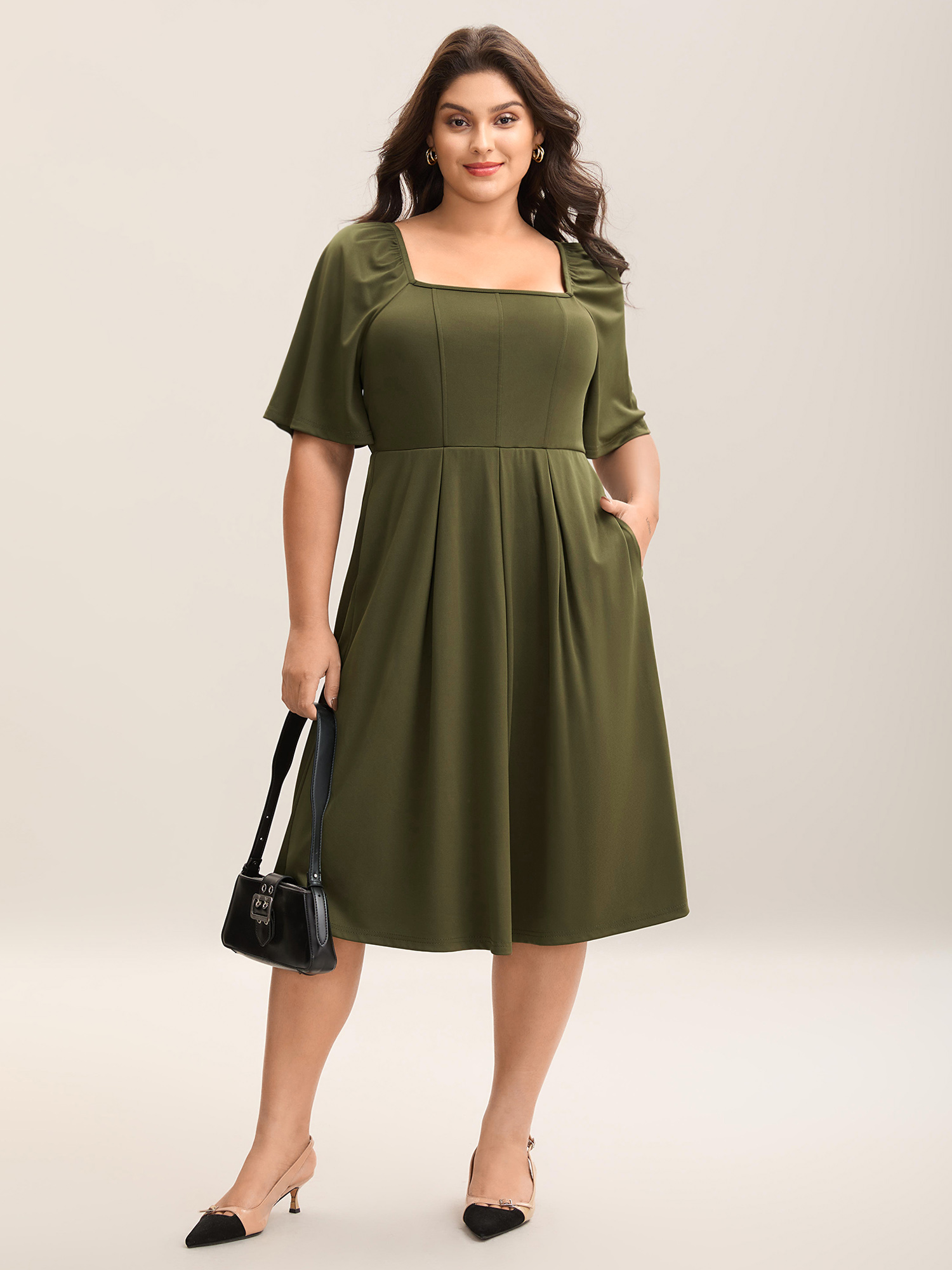 

Plus Size Stretchy Plicated Detail Square Neck Dress ArmyGreen Women Elegant Pleated Square Neck Short sleeve Curvy BloomChic