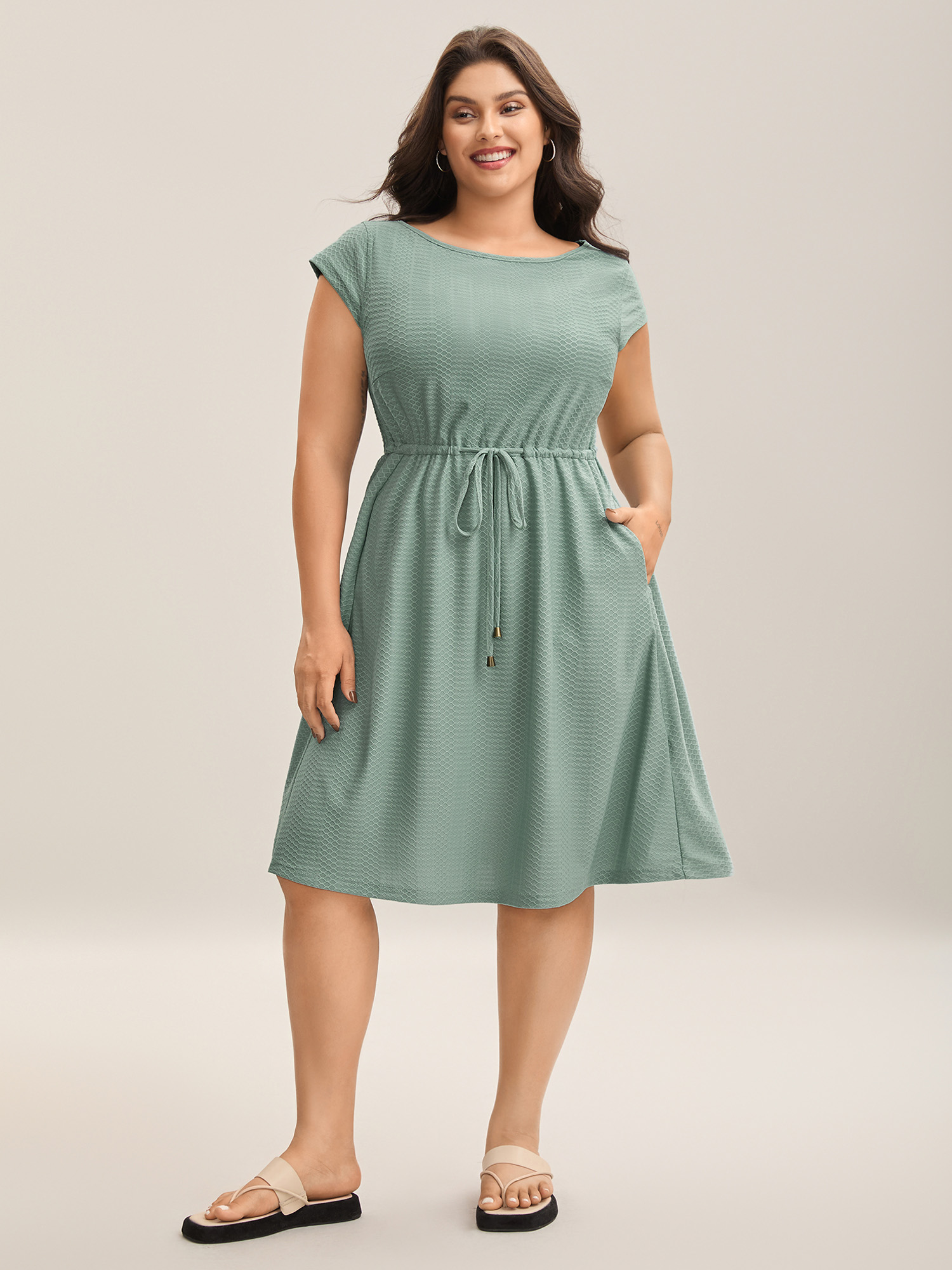 

Plus Size Textured Waist-Tie Knit Midi Dress Sage Women Casual Drawstring Knit Dresses Bloomchic