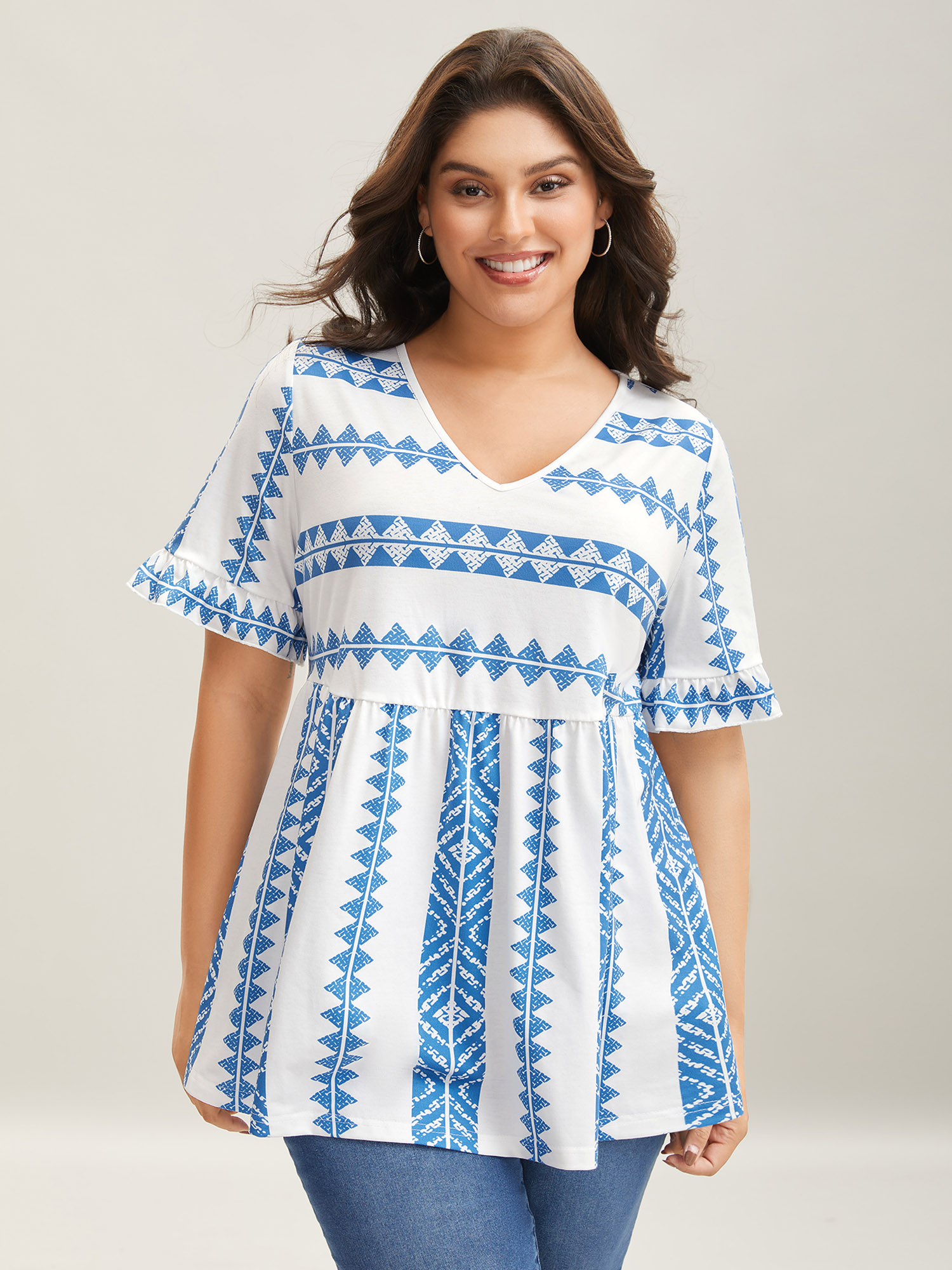 

Plus Size Tropical Stripes Pleated Knit Top Skyblue V-neck Half Sleeve Casual Jersey Tops