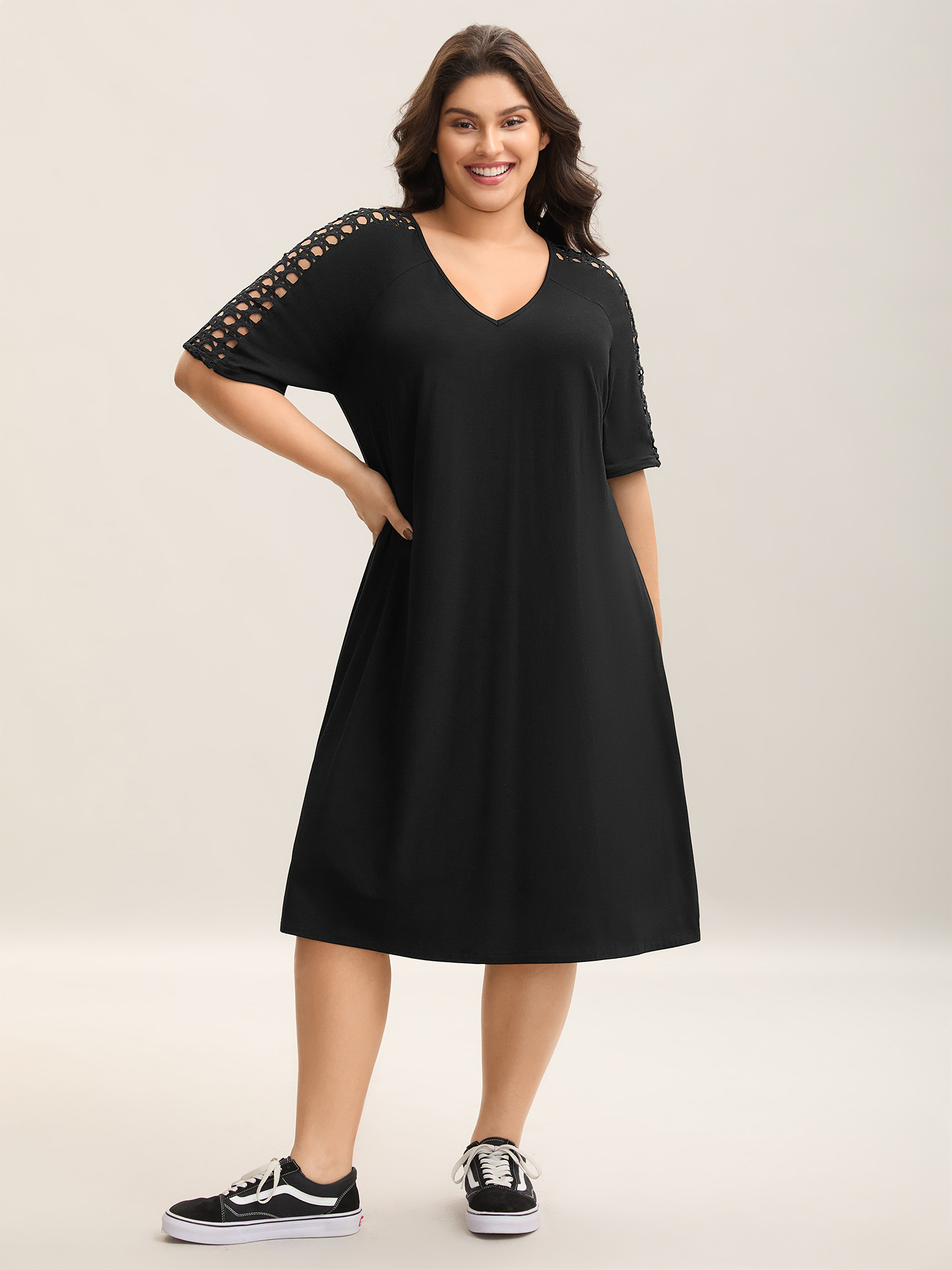 

Plus Size Supersoft Cut-Out Sleeve Midi Dress Black Women Cut-Out Knit Dresses Bloomchic