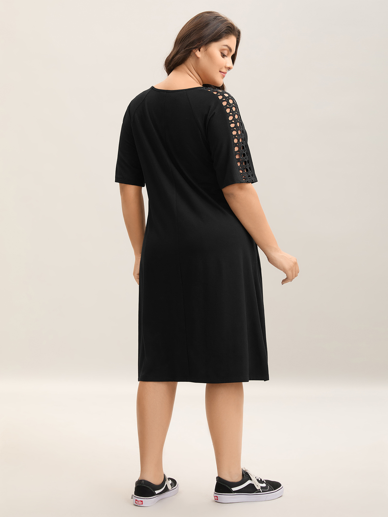 

Plus Size Supersoft Cut-Out Sleeve Midi Dress Black Women Cut-Out Knit Dresses Bloomchic