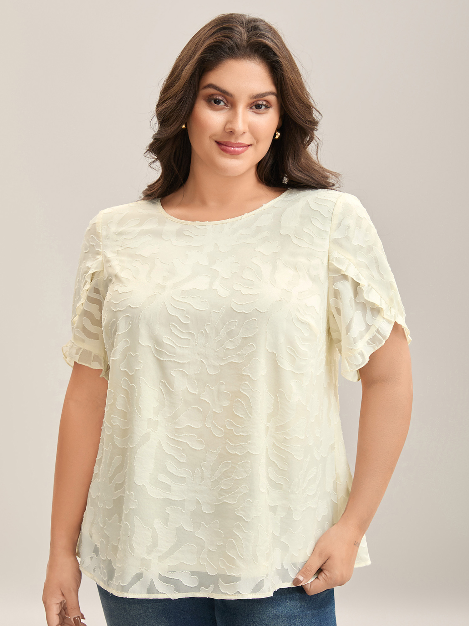 

Plus Size Ivory Chiffon Floral Textured Ruffled Blouse Women Elegant Short sleeve Round Neck Everyday Blouses BloomChic