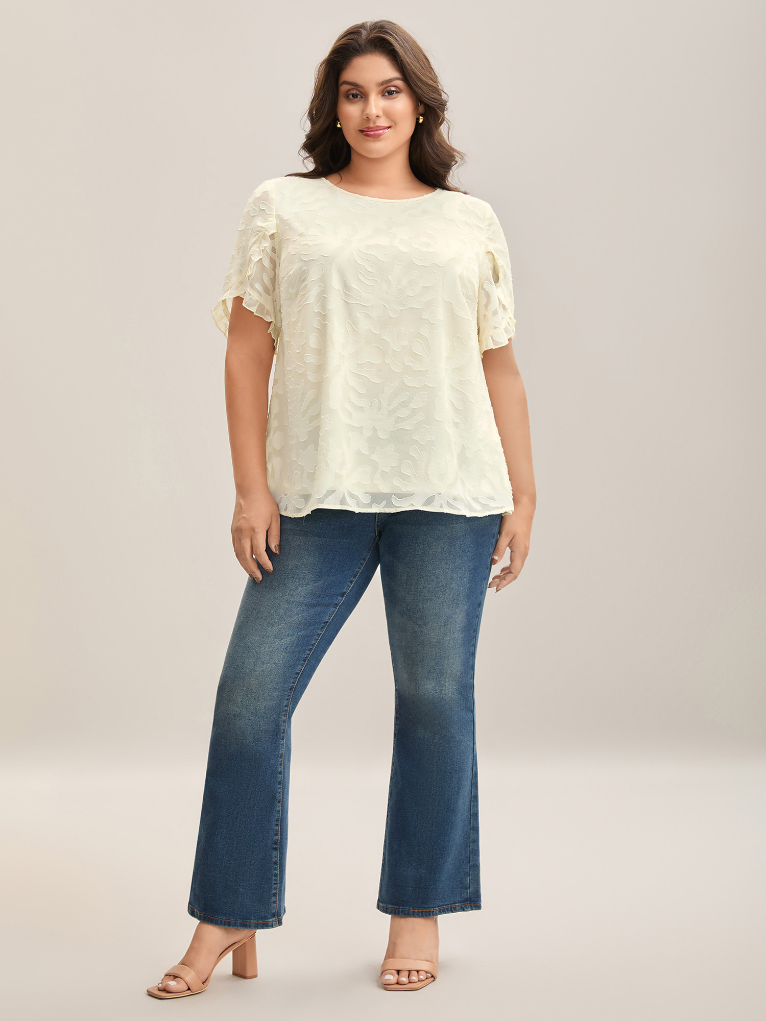 

Plus Size Ivory Chiffon Floral Textured Ruffled Blouse Women Elegant Short sleeve Round Neck Everyday Blouses BloomChic