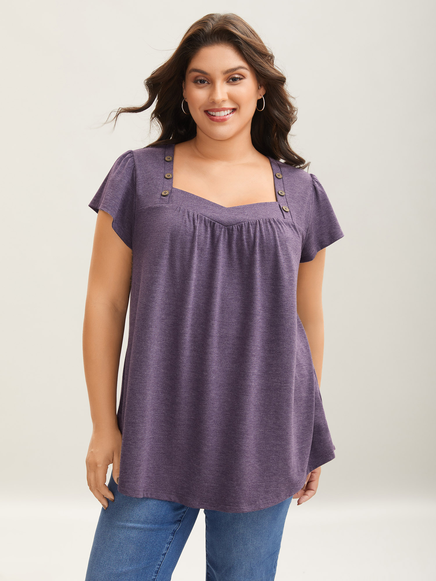 

Plus Size Pleated Shoulder Button Plain Relaxed T-Shirt Mauve Women Casual Gathered Heart neckline Loose Everyday T-shirts BloomChic