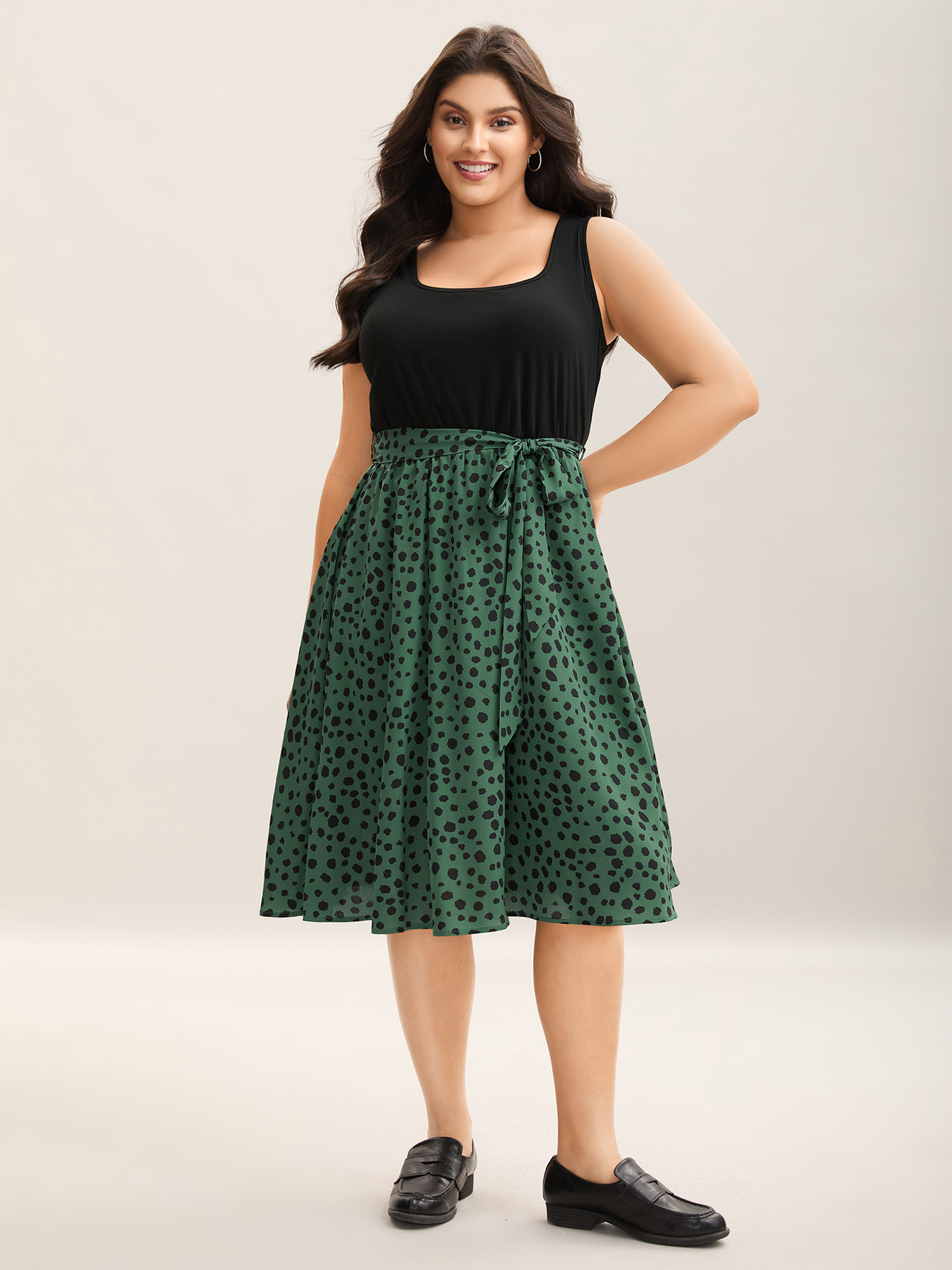 

Plus Size Supersoft Leopard Belted Print Midi Dress Black Women Casual Belted U-neck Sleeveless Curvy BloomChic