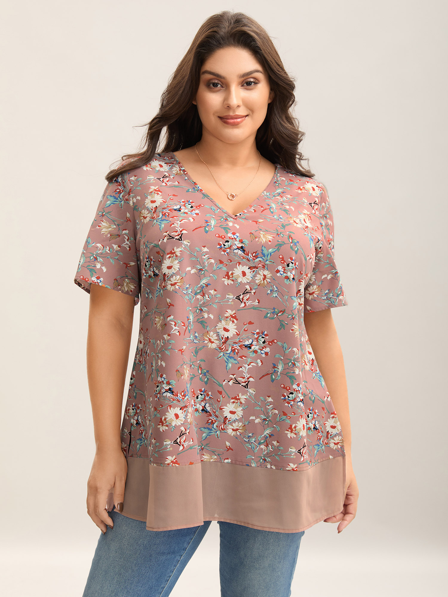 

Plus Size DustyPink Garden Print Spliced V-Neck Blouse Women Elegant Short sleeve V-neck Everyday Blouses BloomChic