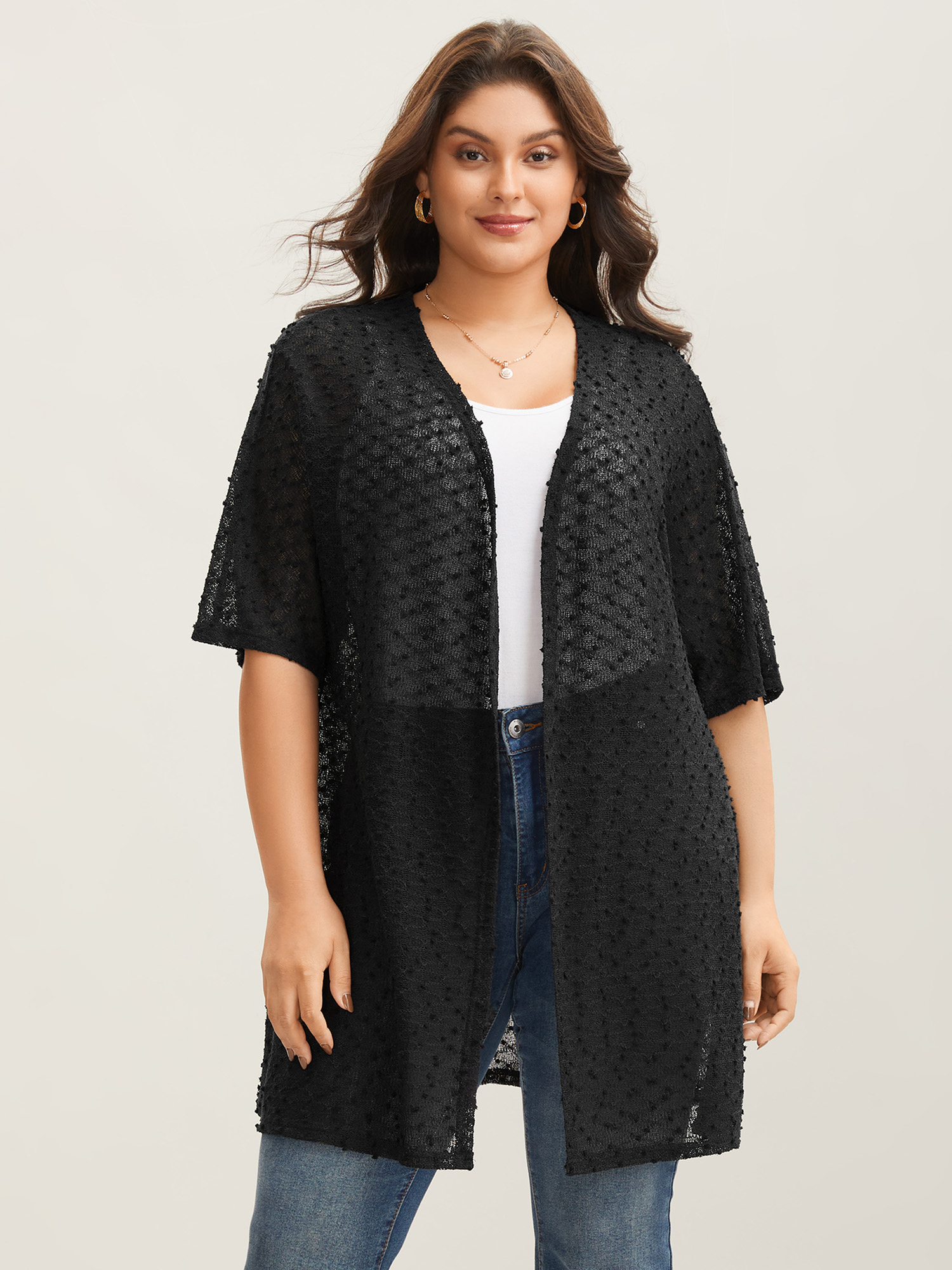 

Plus Size Knit Textured Sheer Swim Kimono Cover-Up Women Black Casual Texture Loose Everyday Kimonos BloomChic