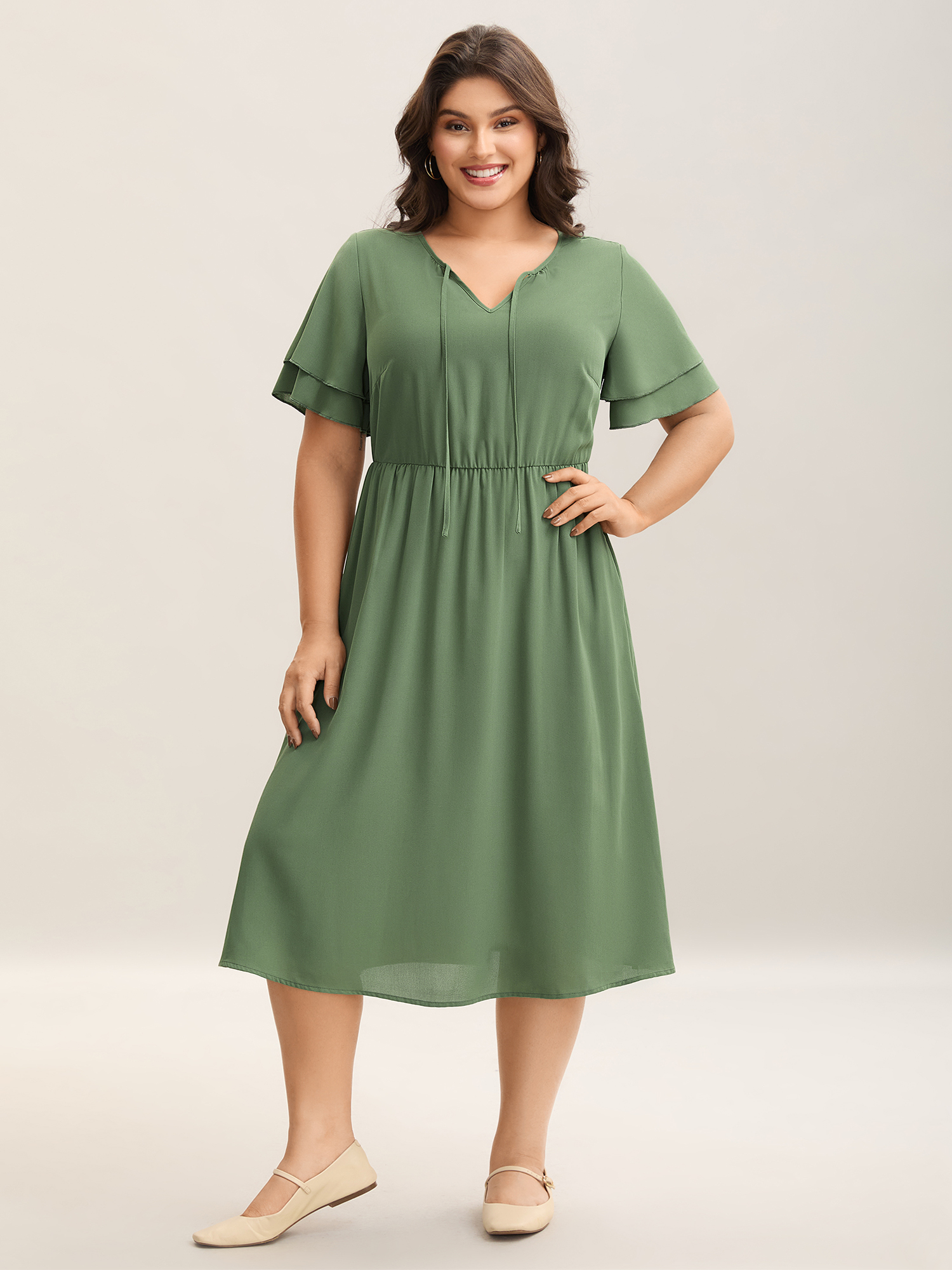 

Plus Size Split Neck Tie Layered Sleeve Midi Dress ArmyGreen Women Casual Tie knot V-neck Short sleeve Curvy BloomChic