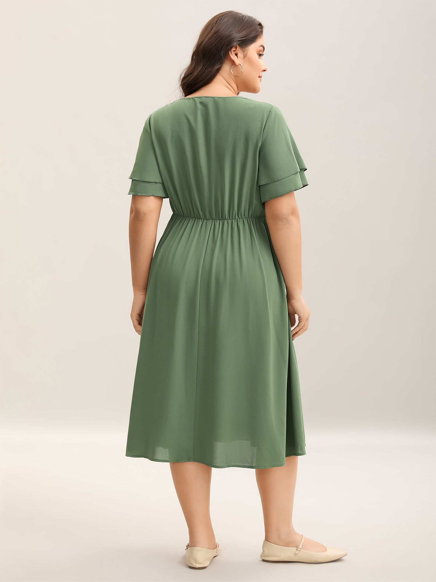 

Plus Size Split Neck Tie Layered Sleeve Midi Dress ArmyGreen Women Casual Tie knot V-neck Short sleeve Curvy BloomChic