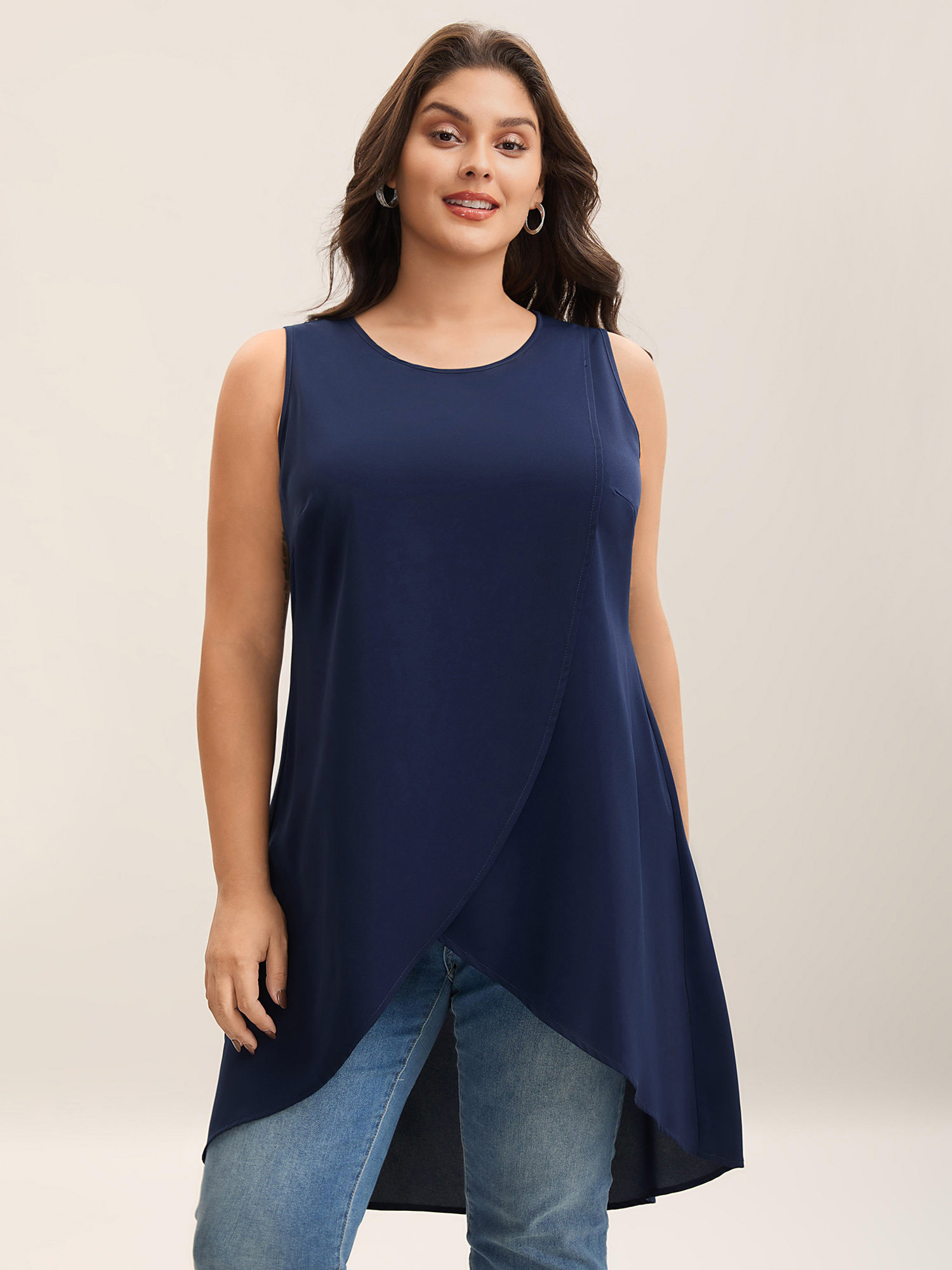 

Plus Size Overlap Hem Round Neck Long Tank Top Women DarkBlue Elegant Overlapping Boat Neck Everyday Tank Tops Camis BloomChic