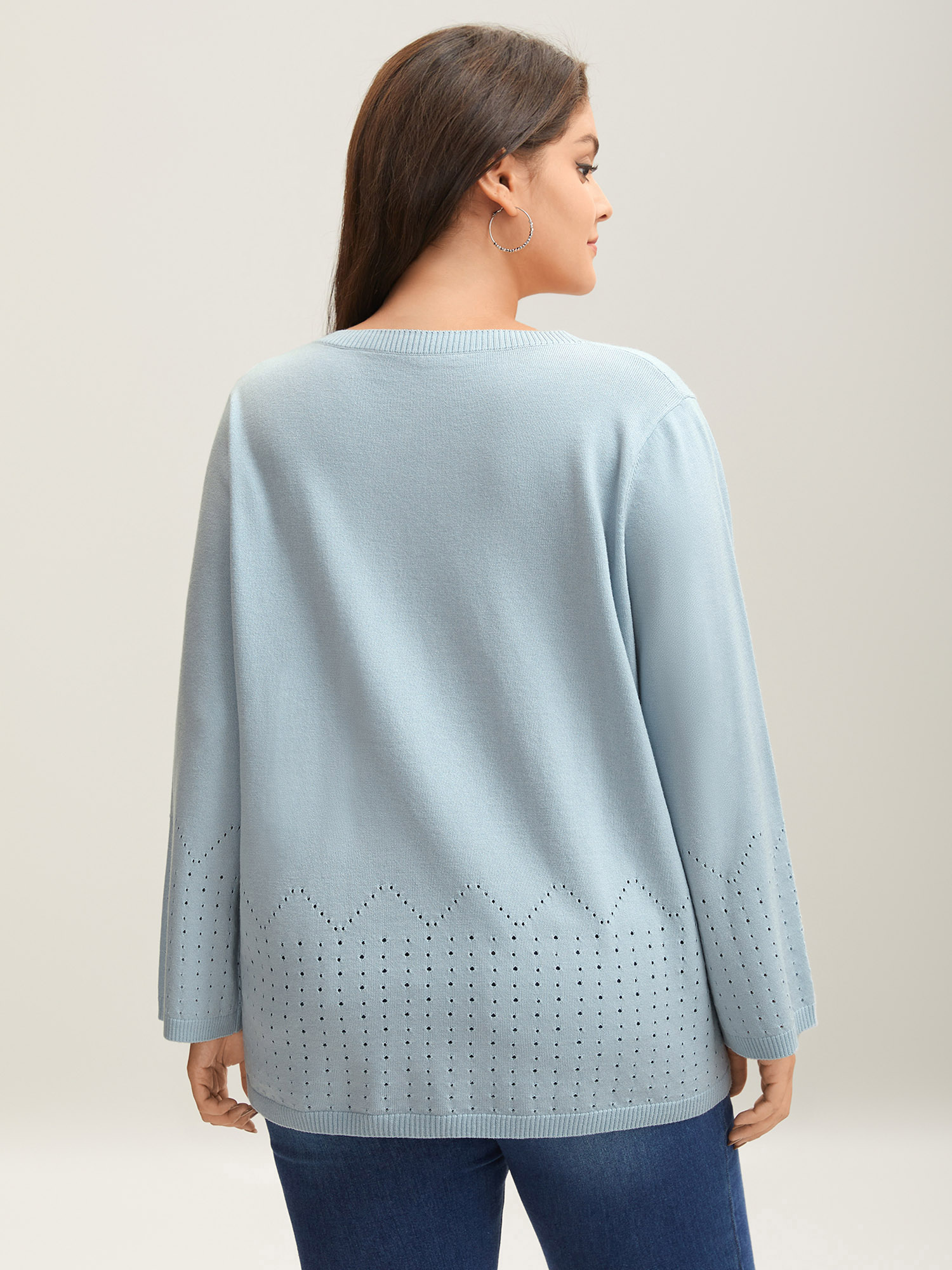 

Plus Size Lightweight Woolen Cut-Out Pullover LightBlue Women Casual Loose Long Sleeve Round Neck Everyday Pullovers BloomChic