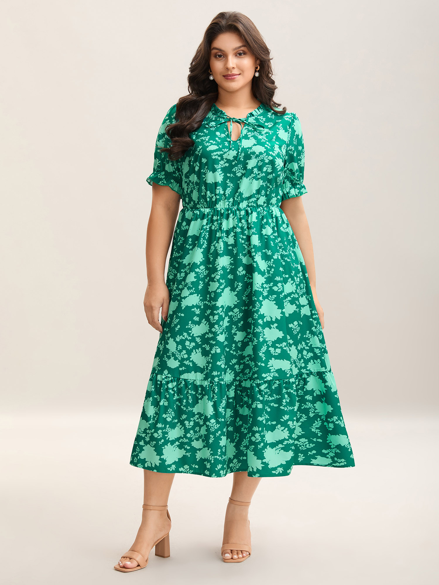 

Plus Size Silhouette Floral Print Frill Trim Neck Dress Emerald Women Elegant Tie knot Flat collar with V-notch Short sleeve Curvy BloomChic