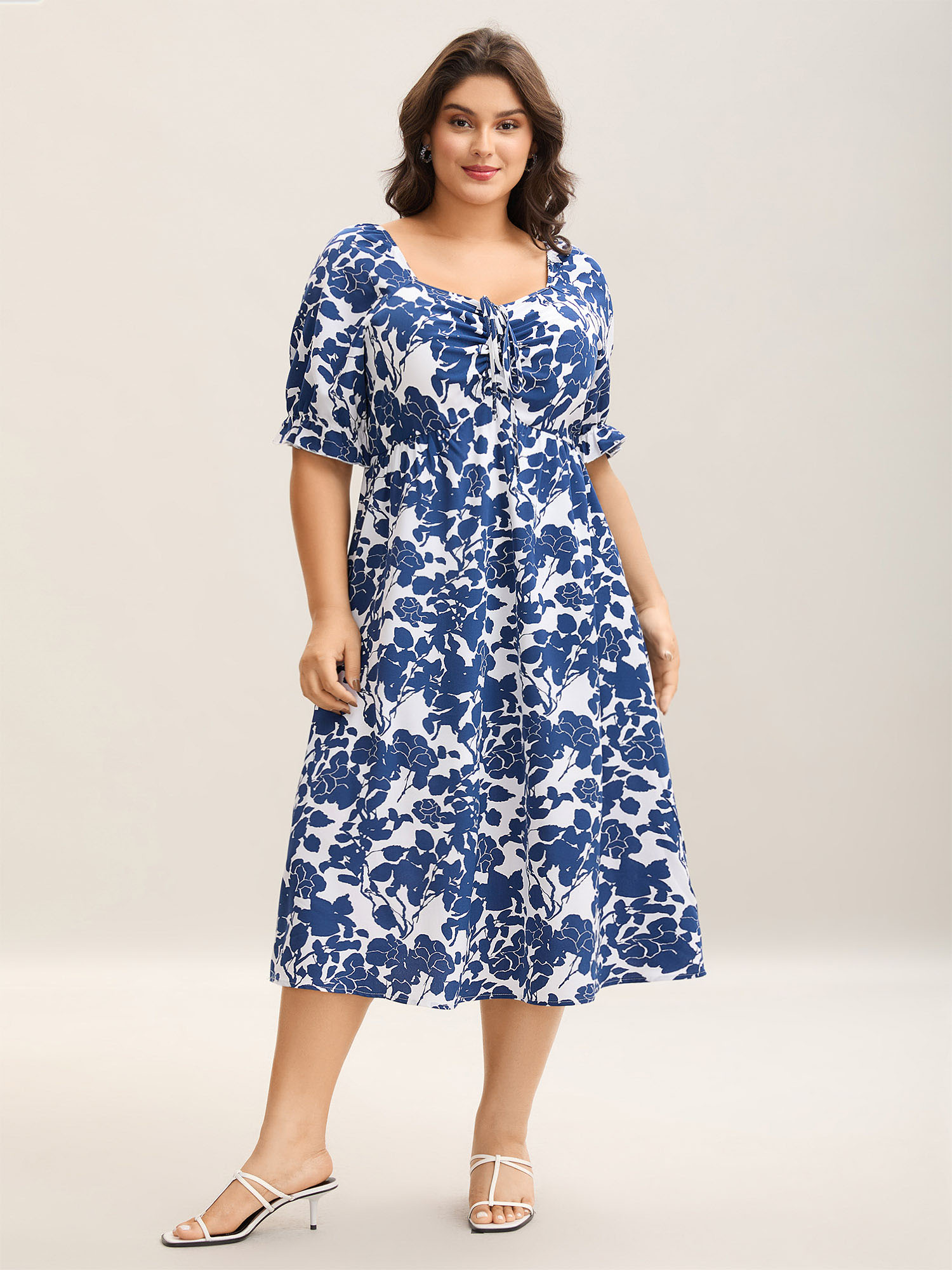 

Plus Size Silhouette Floral Print Tie Front Midi Dress DarkBlue Women Elegant Drawstring Heart neckline Half Sleeve Curvy BloomChic