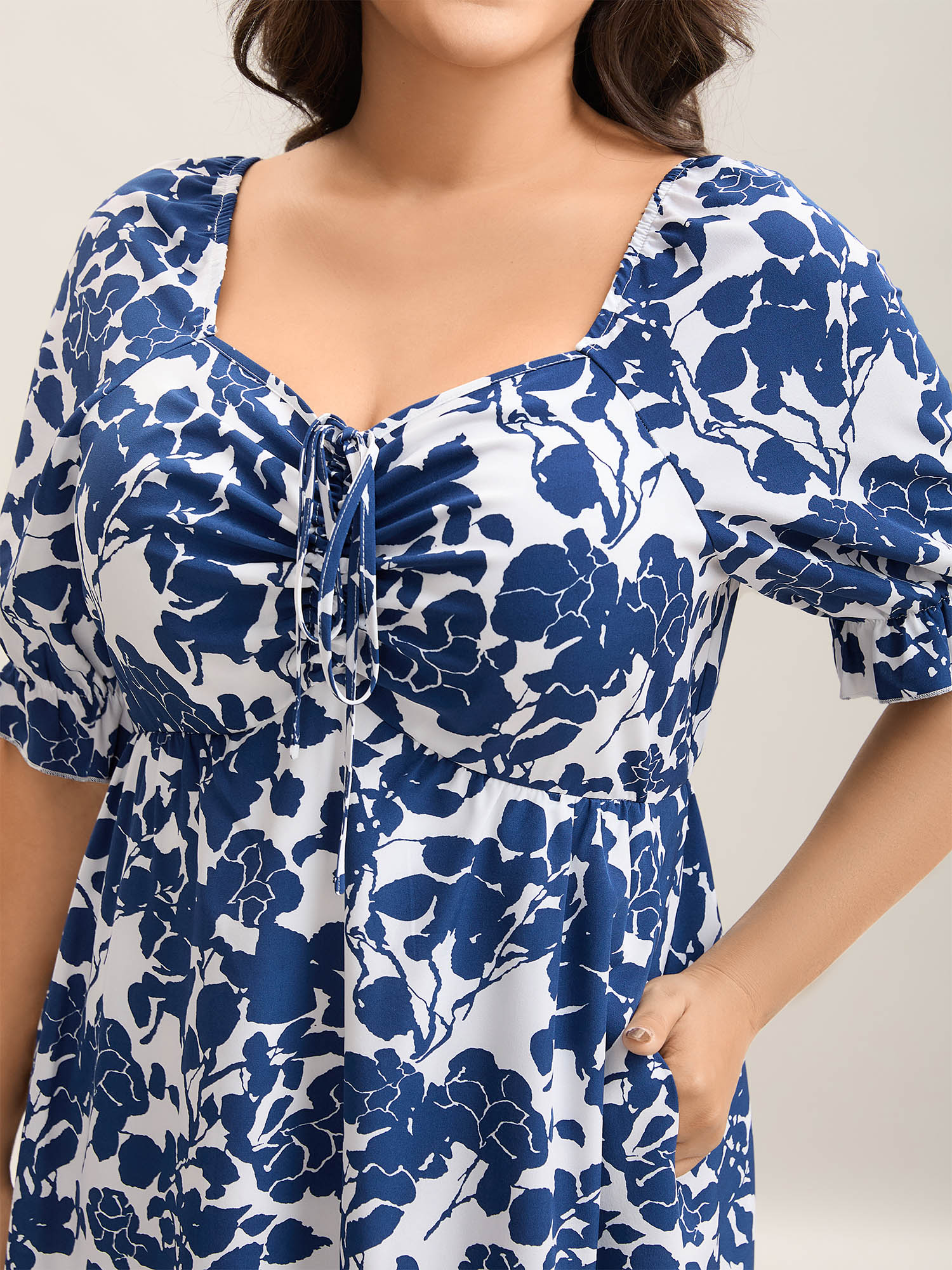 

Plus Size Silhouette Floral Print Tie Front Midi Dress DarkBlue Women Elegant Drawstring Heart neckline Half Sleeve Curvy BloomChic