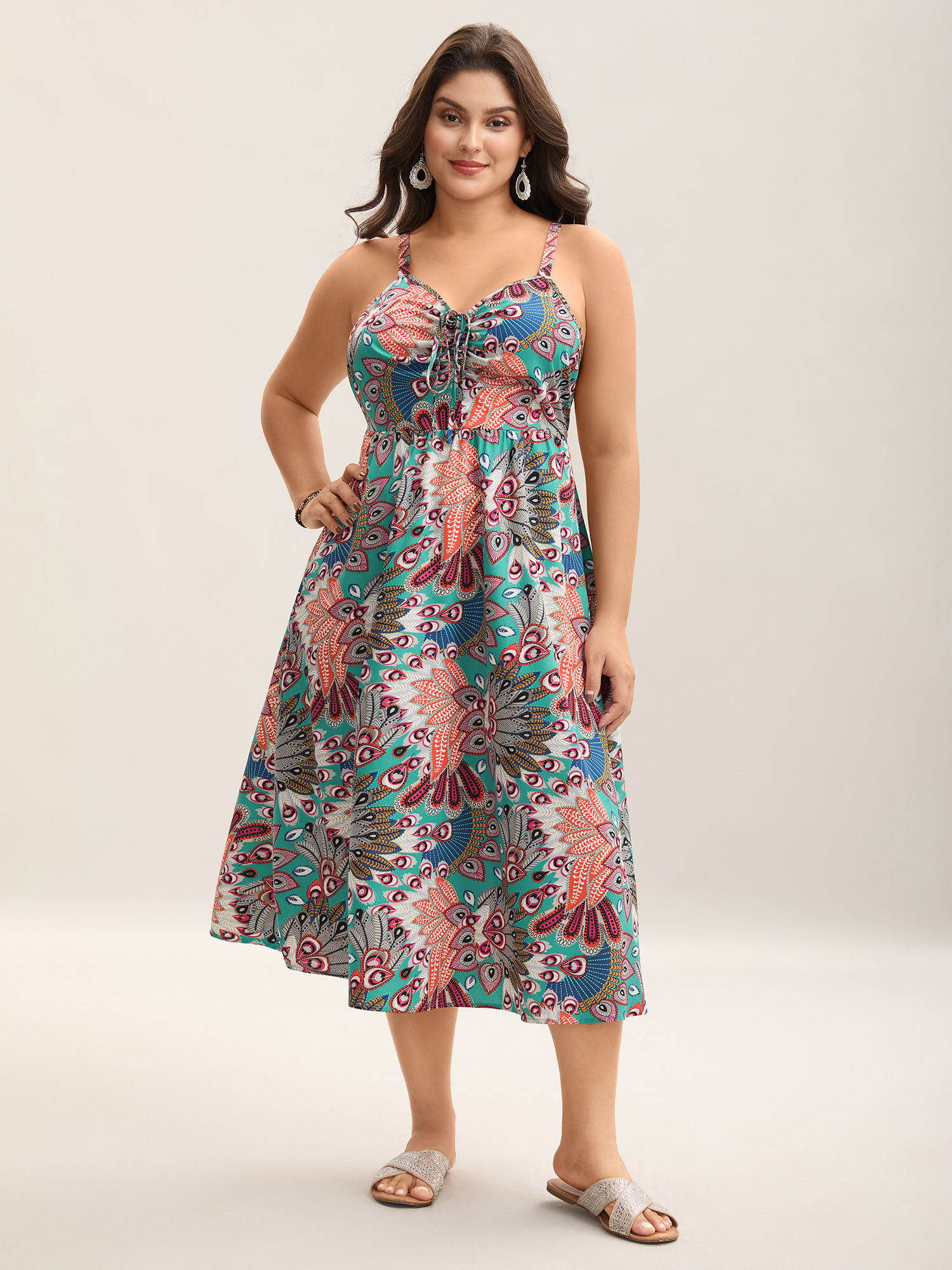 

Plus Size Boho Floral Print Pockets Midi Dress Turquoise Women Drawstring V-neck Sleeveless Curvy BloomChic