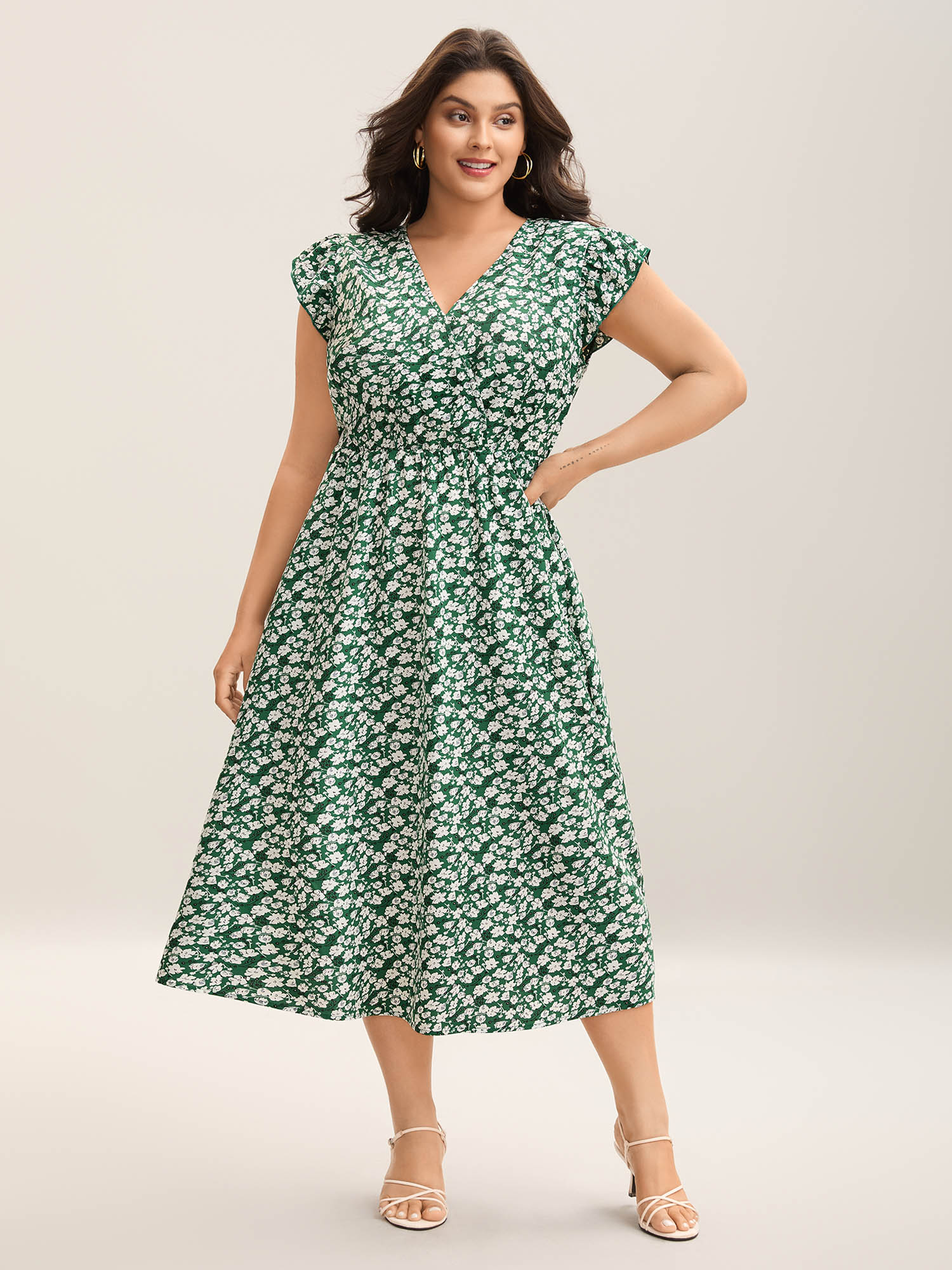 

Plus Size Breezy Floral Print Flutter Sleeve Midi Dress Truegreen Women Elegant Ruffles Overlap Collar Cap Sleeve Curvy BloomChic