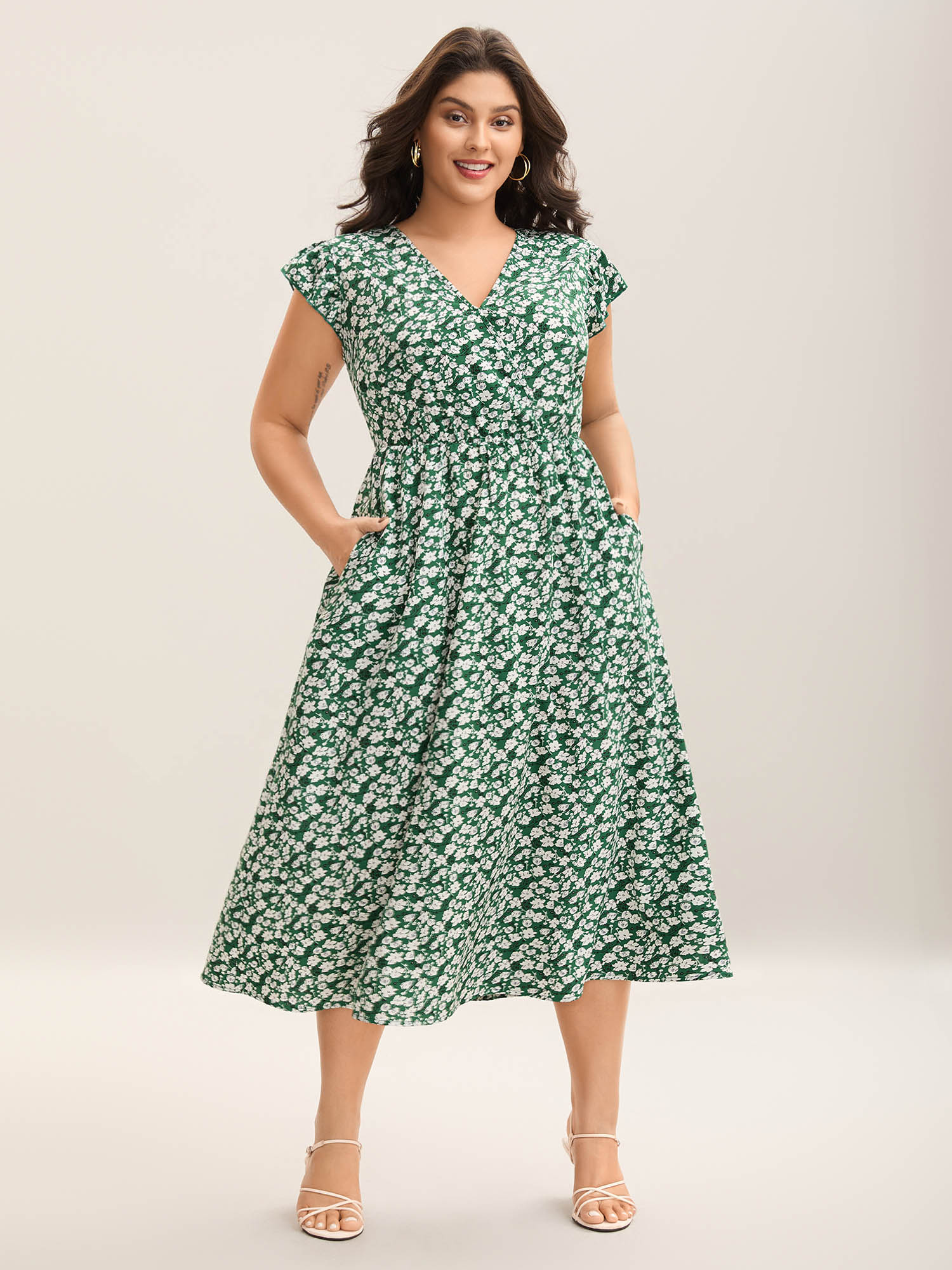 

Plus Size Breezy Floral Print Flutter Sleeve Midi Dress Truegreen Women Elegant Ruffles Overlap Collar Cap Sleeve Curvy BloomChic