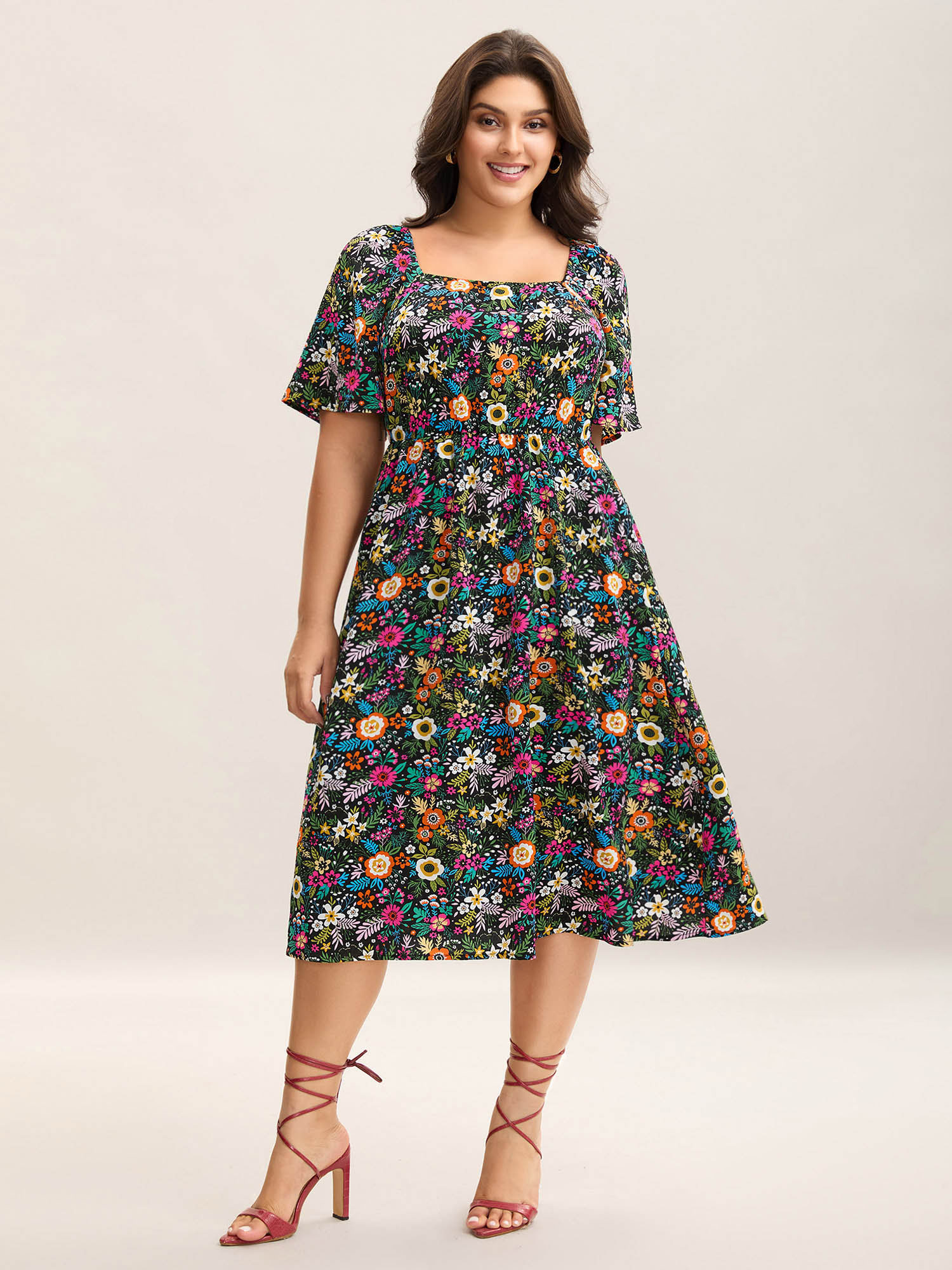 

Plus Size Bold Floral Print Pockets Midi Dress Black Women Elegant Square Neck Short sleeve Curvy BloomChic