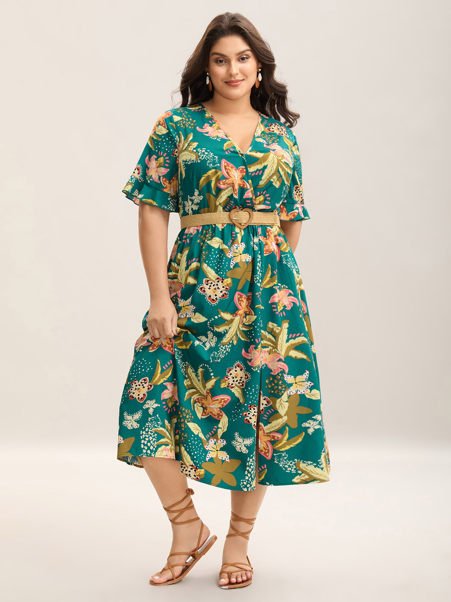 

Plus Size Tropical Floral Print Pockets Flowy Midi Dress Teal Women Overlap Collar Short sleeve Curvy BloomChic