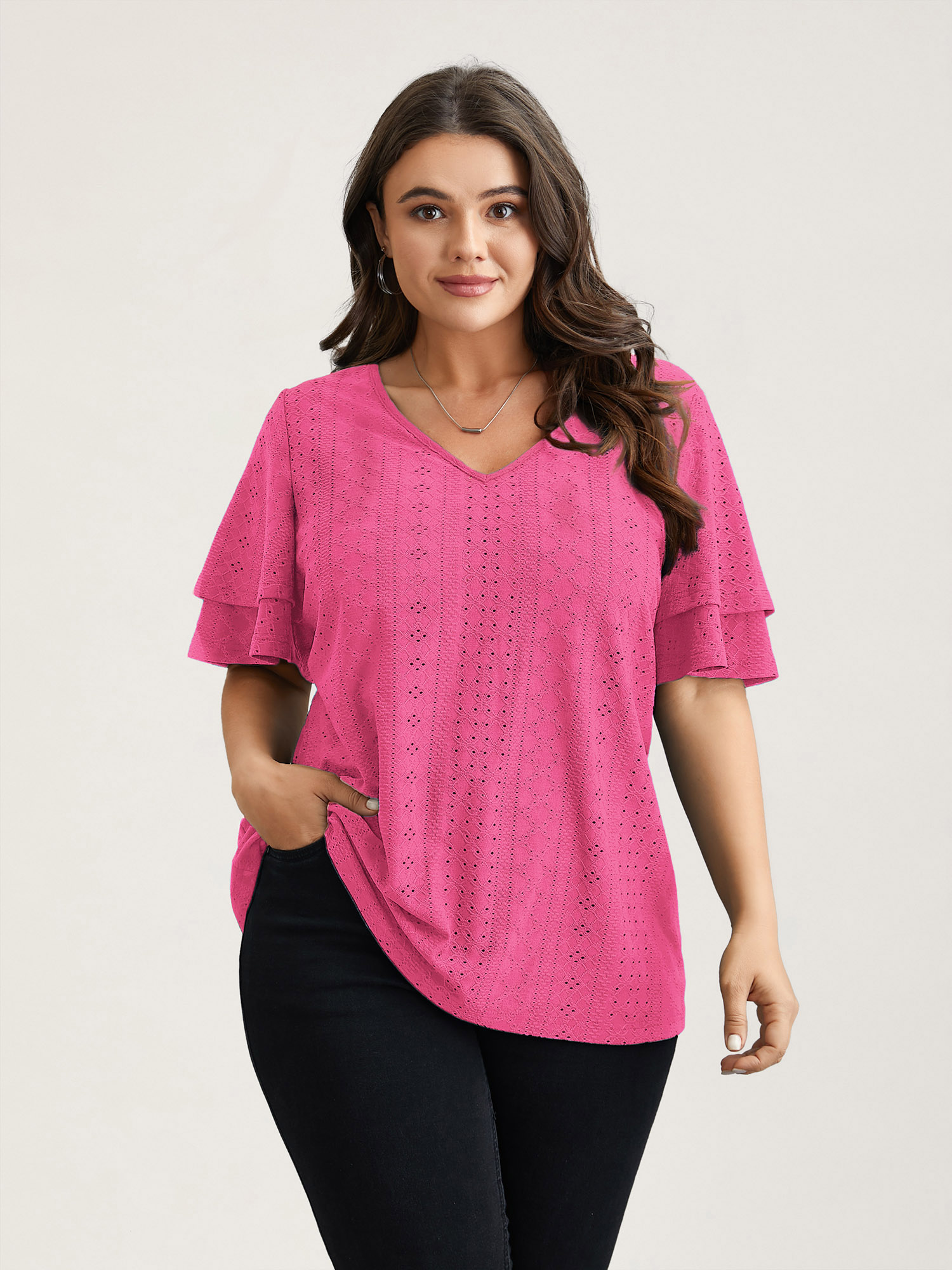 

Plus Size Jacquard Textured Lotus Leaf Sleeve Top Peach V-neck Short sleeve Elegant Jersey Tops