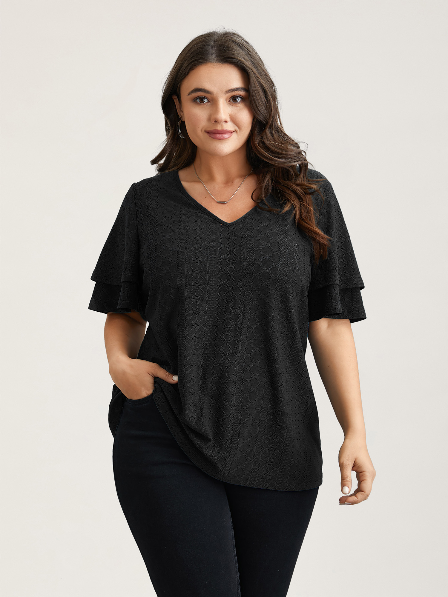 

Plus Size Jacquard Textured Lotus Leaf Sleeve Top Black V-neck Short sleeve Elegant Jersey Tops