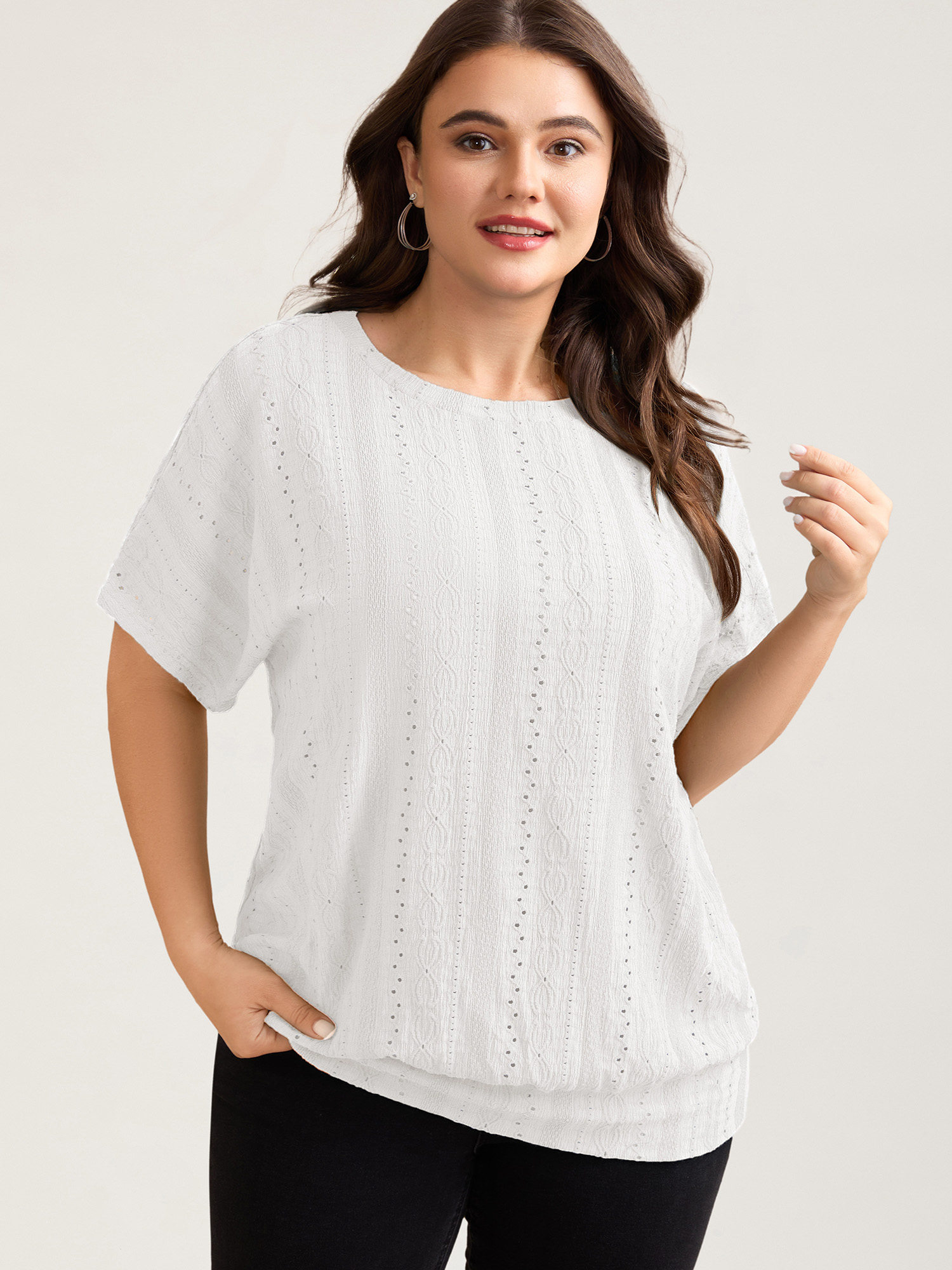 

Plus Size Eyelet Trim Stretchy Textured Plain Top WhiteSmoke Round Neck Short sleeve Casual Jersey Tops