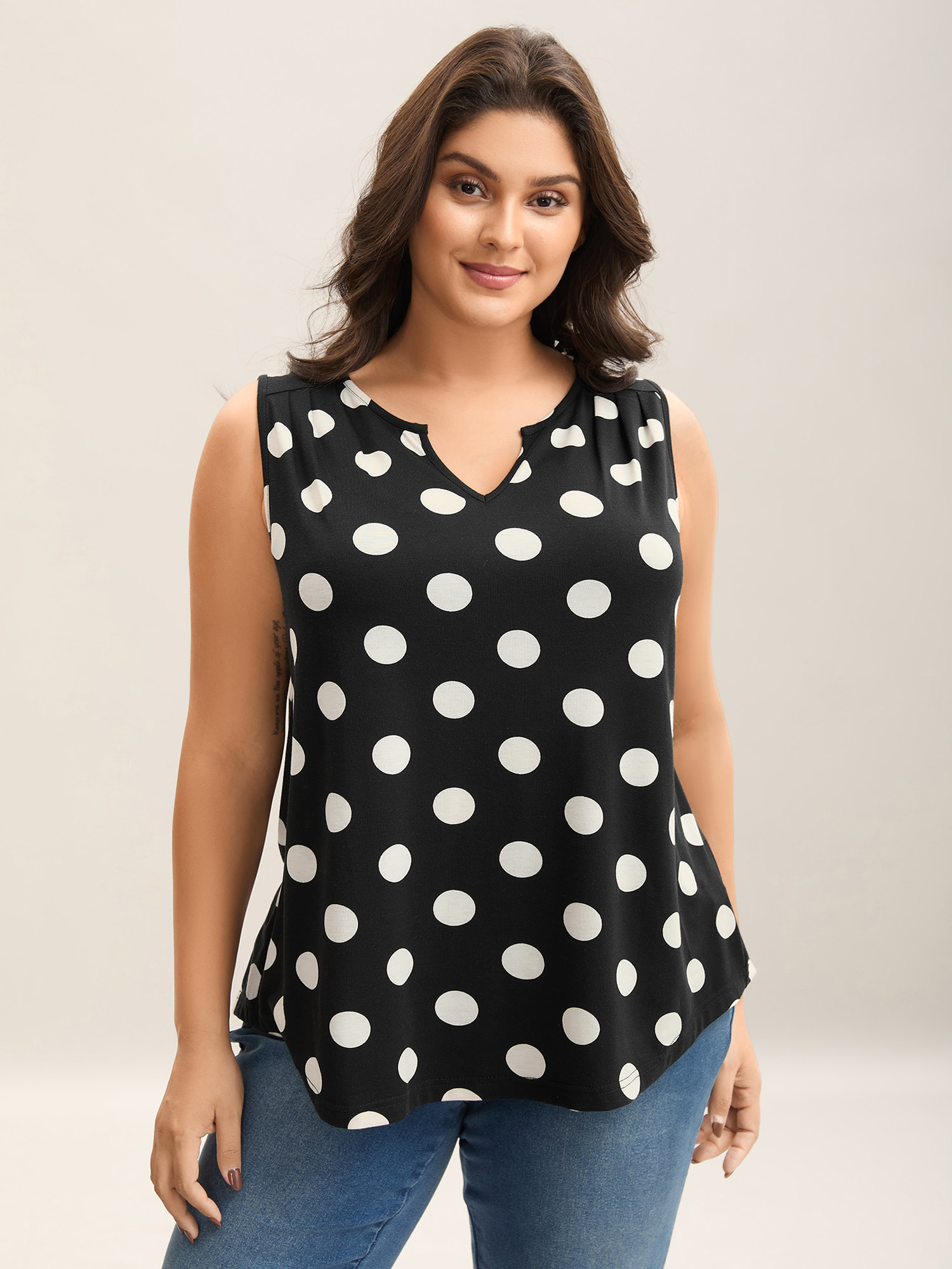 

Plus Size Classic Polka Dots Notched Collar Tank Top Women Black Casual Gathered Notched collar Everyday Tank Tops Camis BloomChic