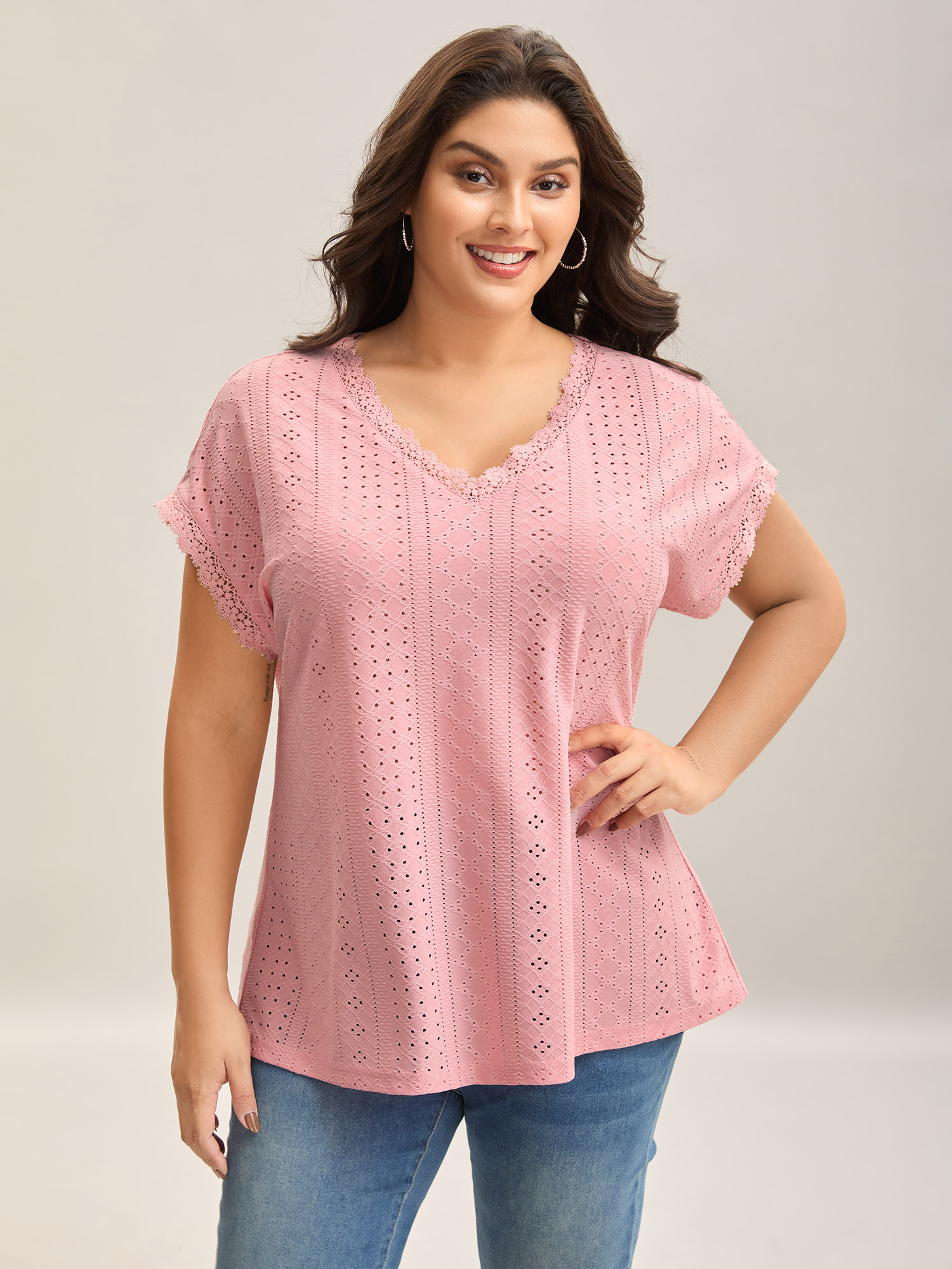 

Plus Size Eyelet Textured Lace Detail T-Shirt Blush Women Casual Woven ribbon&lace trim V-neck Everyday T-shirts BloomChic