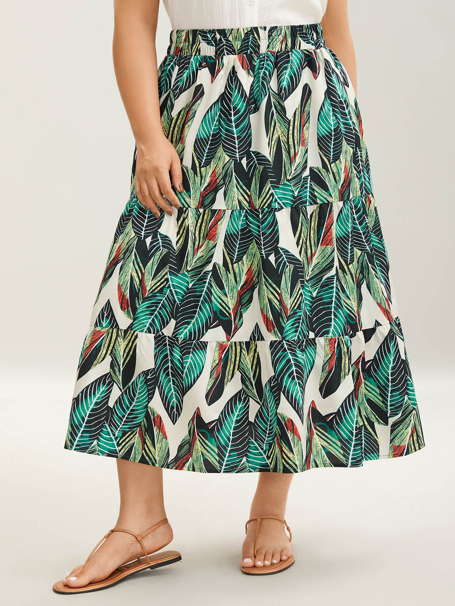 

Plus Size Tropical Floral Pattern Tiered Midi Skirt Women Emerald Elegant Bodycon Low stretch Side seam pocket Belt Everyday Skirts BloomChic