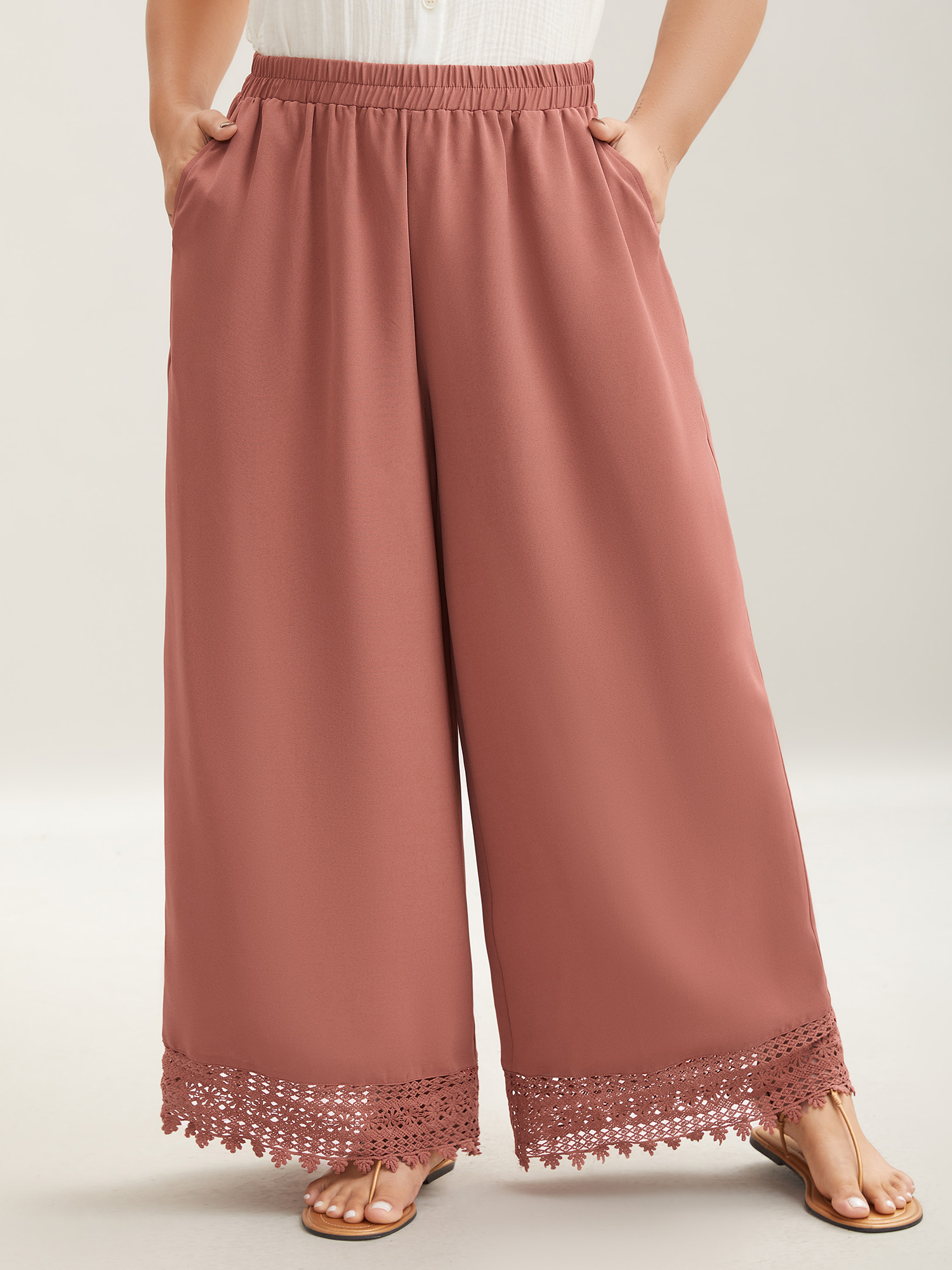 

Plus Size Lace Hem Wide-Leg Pocket Pants Women Russet Casual Wide Leg Mid Rise Everyday Pants BloomChic