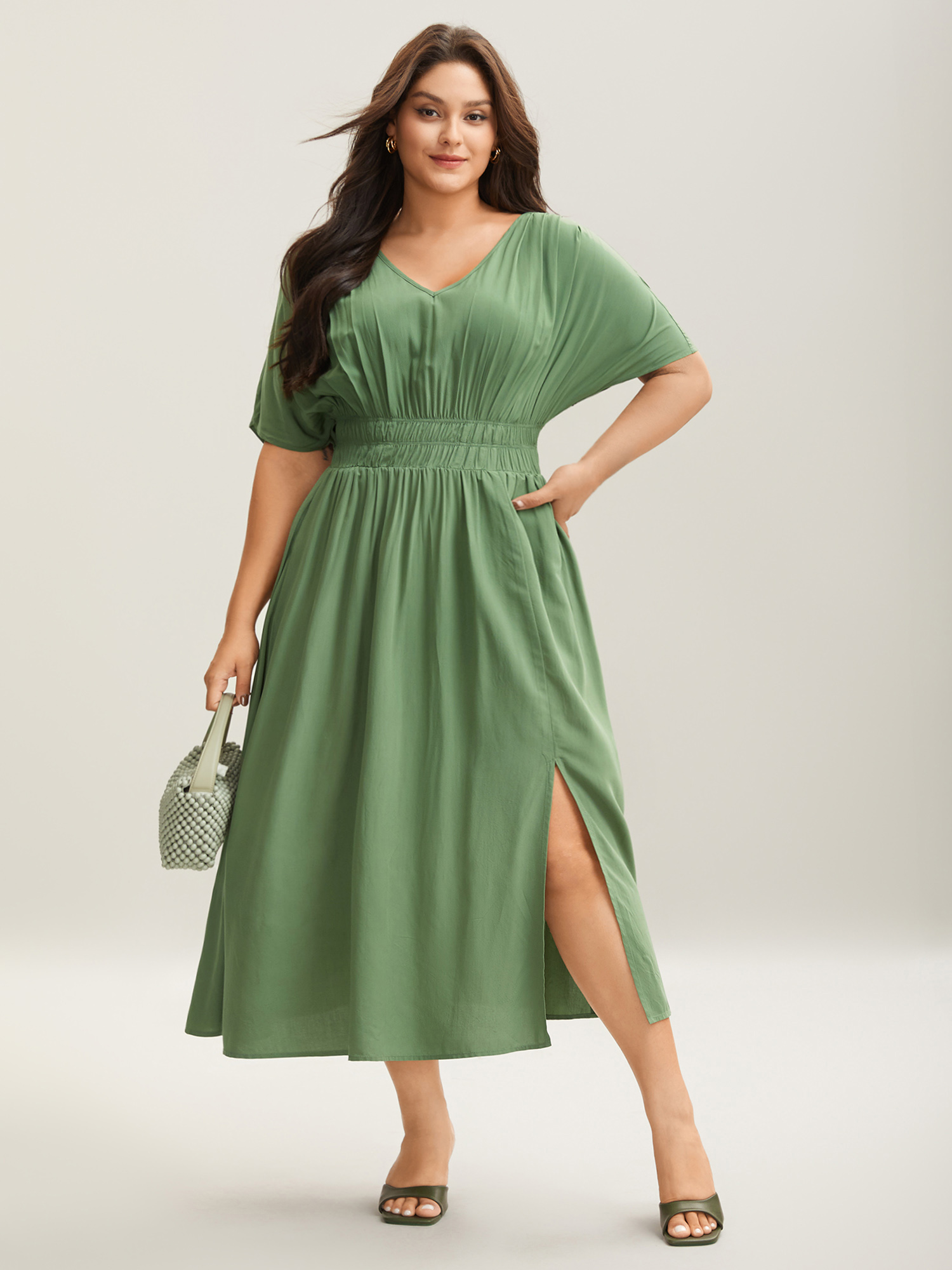 

Plus Size Pleated Solid Color Slit Maxi Dress Sage Women Elegant Gathered V-neck Short sleeve Curvy BloomChic