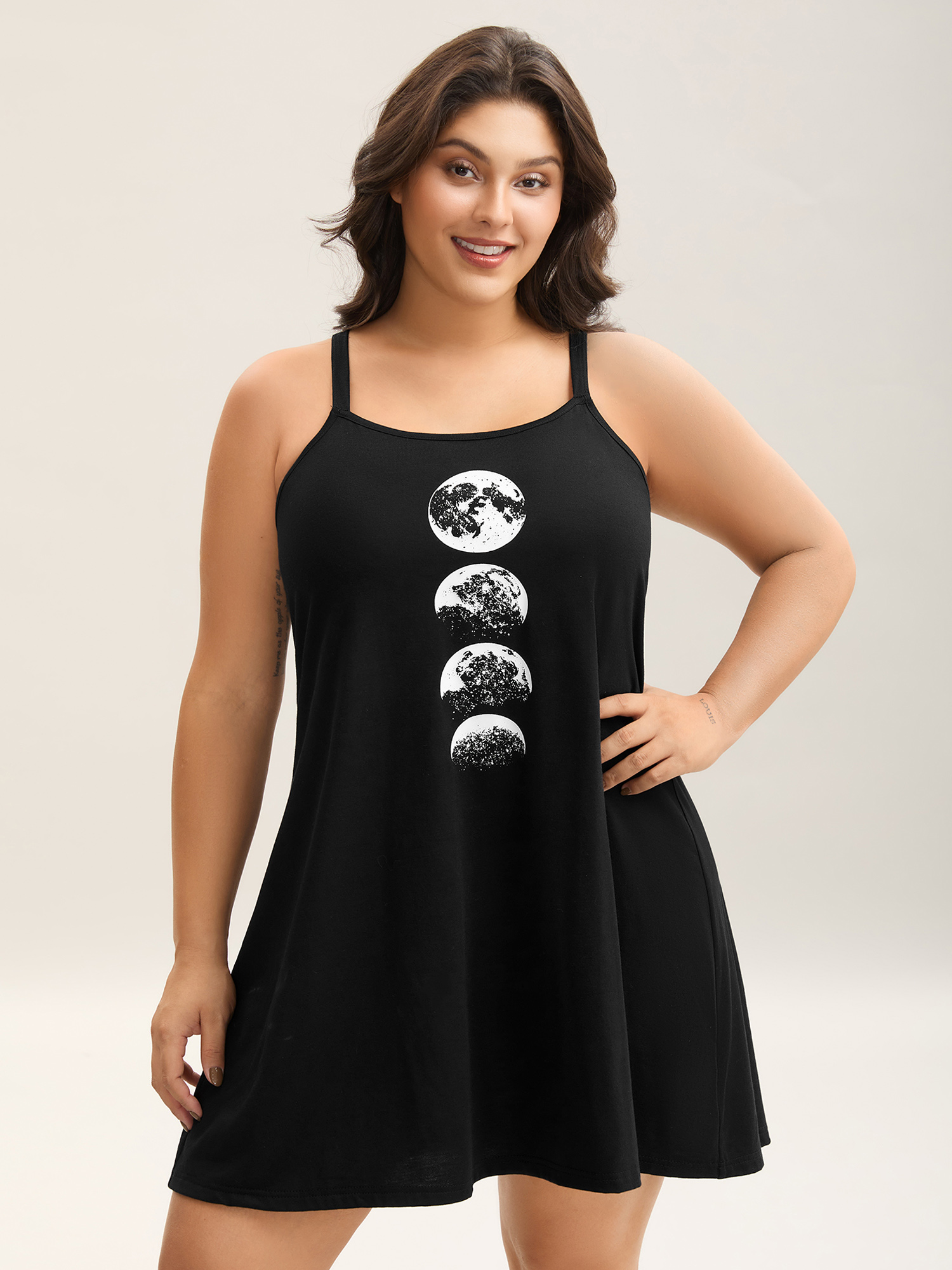 

Plus Size Moon Pattern Sleeveless Lounge Dress Black  Bloomchic