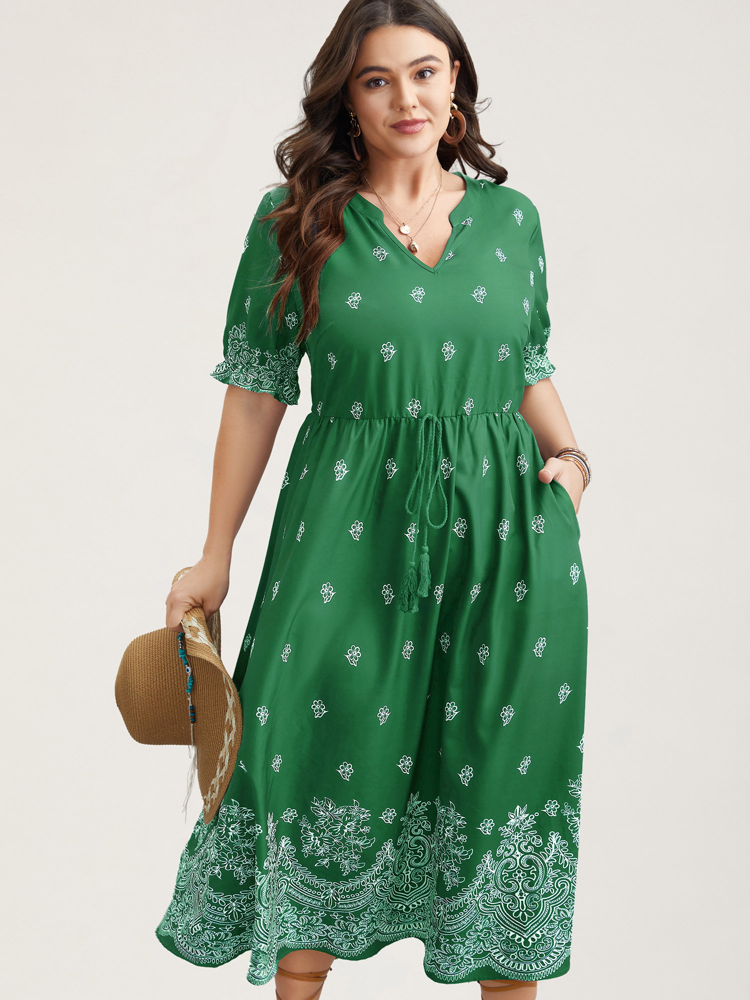 

Plus Size Floral Waist-Tie Notched Collar Midi Dress Emerald Women Resort Ruffles Notched collar Half Sleeve Curvy BloomChic