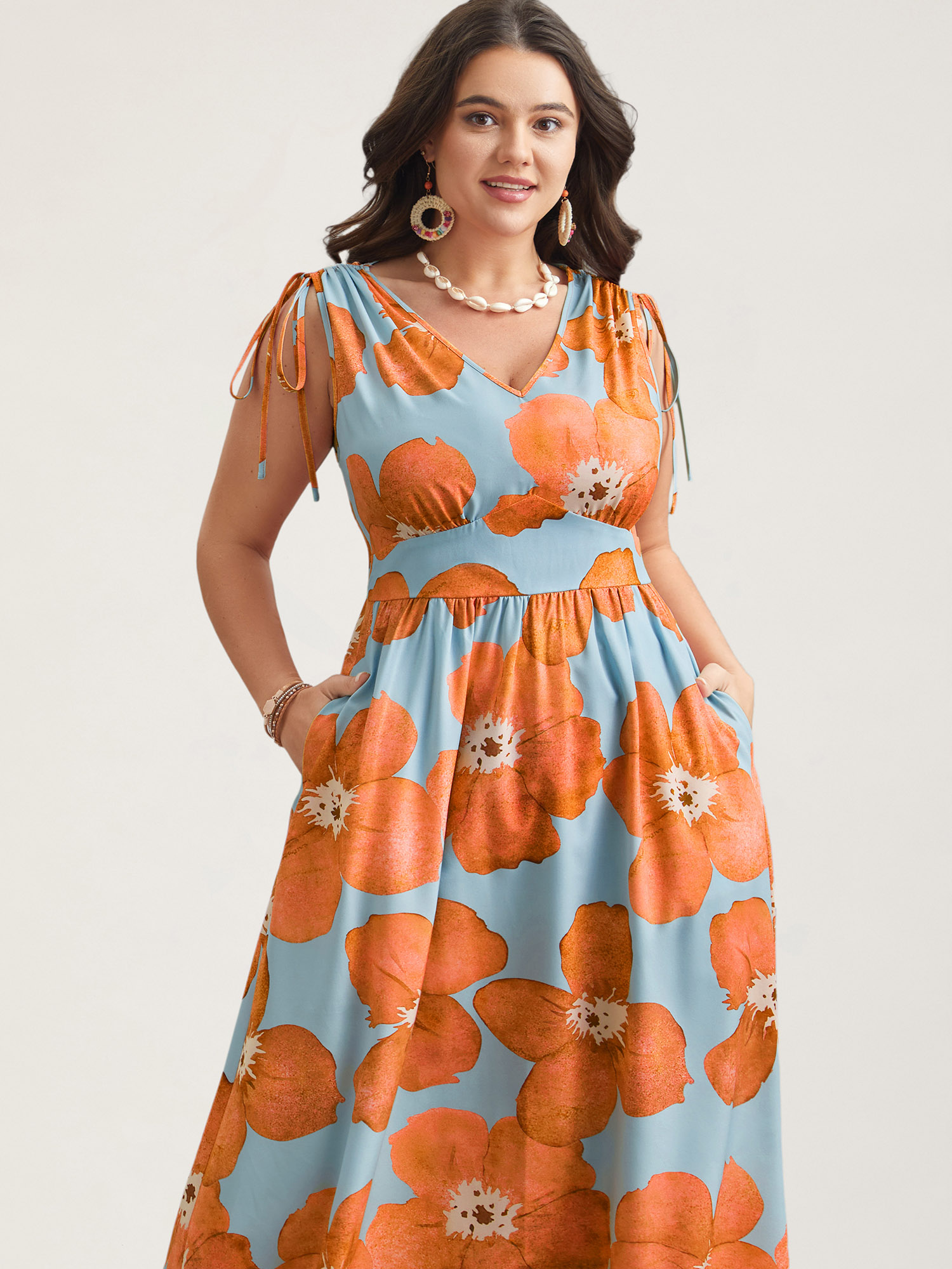 

Plus Size Floral Print V-Neck Tied Midi Dress LightBlue Women Elegant Gathered V-neck Sleeveless Curvy BloomChic