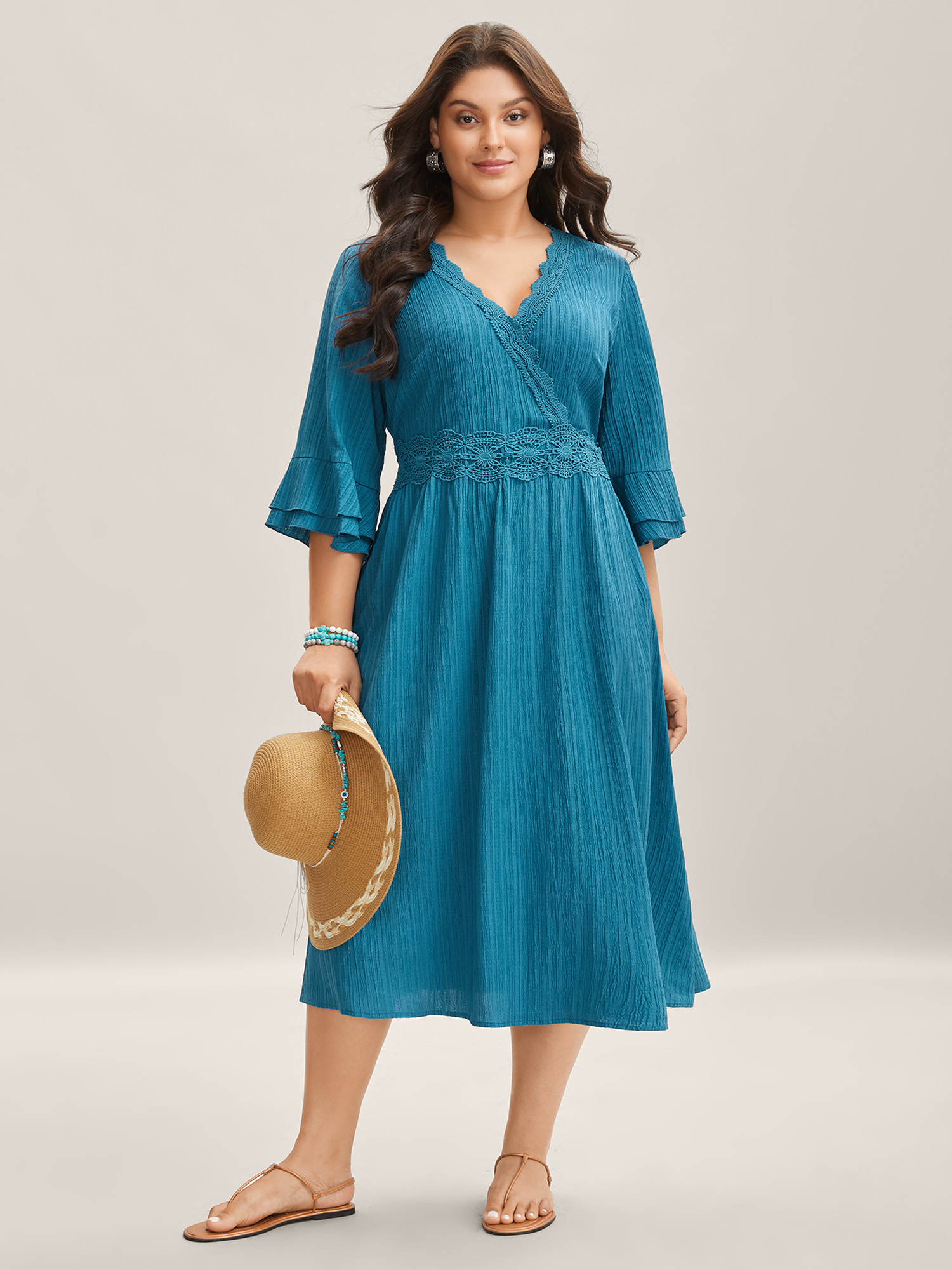 

Plus Size Scalloped Lace Surplice Ruffled Midi Dress Teal Women Overlap Collar Elbow-length sleeve Curvy BloomChic