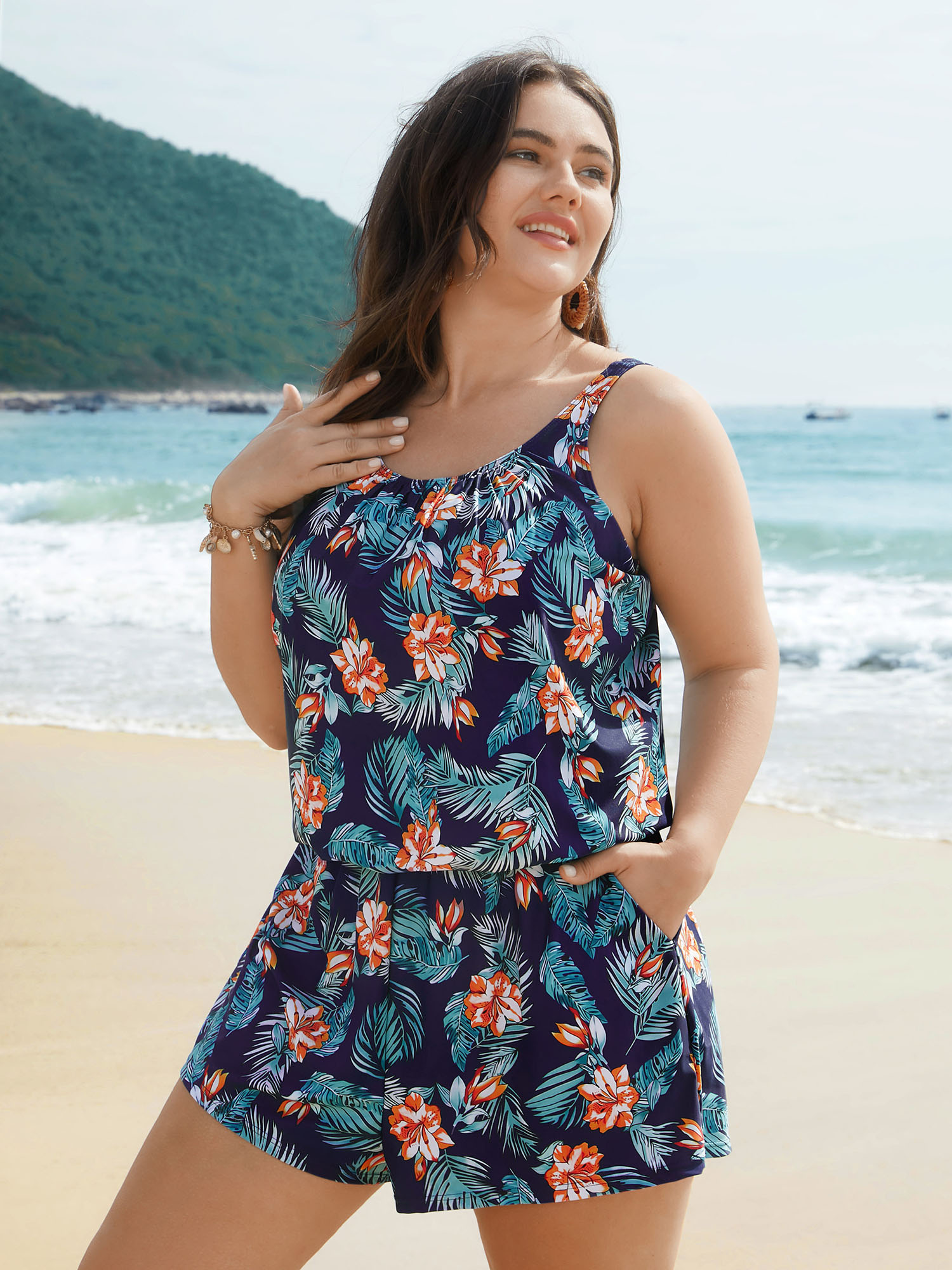 

Plus Size Tropical Flower Print Pockets One-Piece Swimsuit Women's Swimwear DarkBlue Beach Gathered Curve Bathing Suits High stretch One Pieces BloomChic