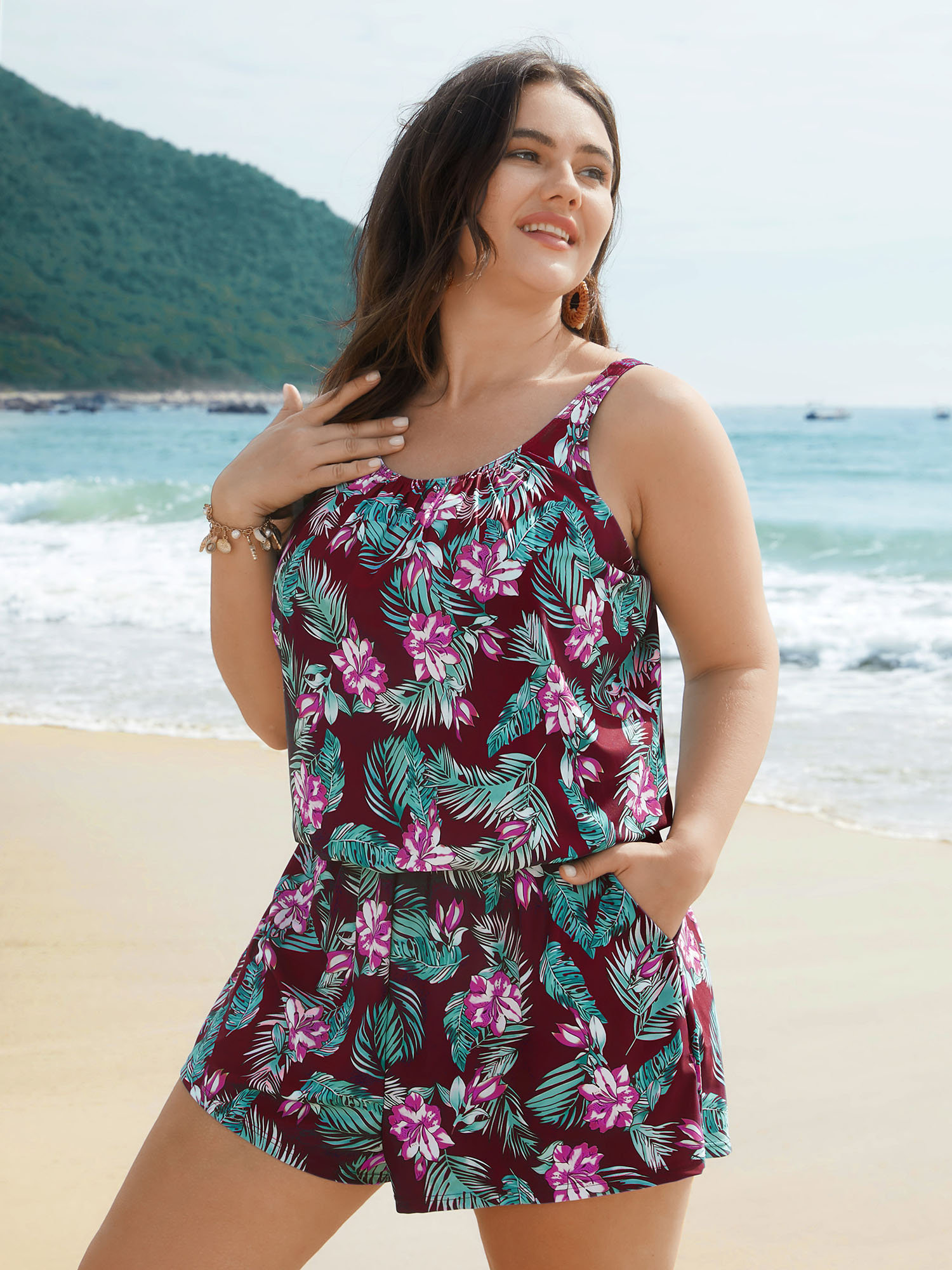 

Plus Size Tropical Flower Print Pockets One-Piece Swimsuit Women's Swimwear Deepred Beach Gathered Curve Bathing Suits High stretch One Pieces BloomChic