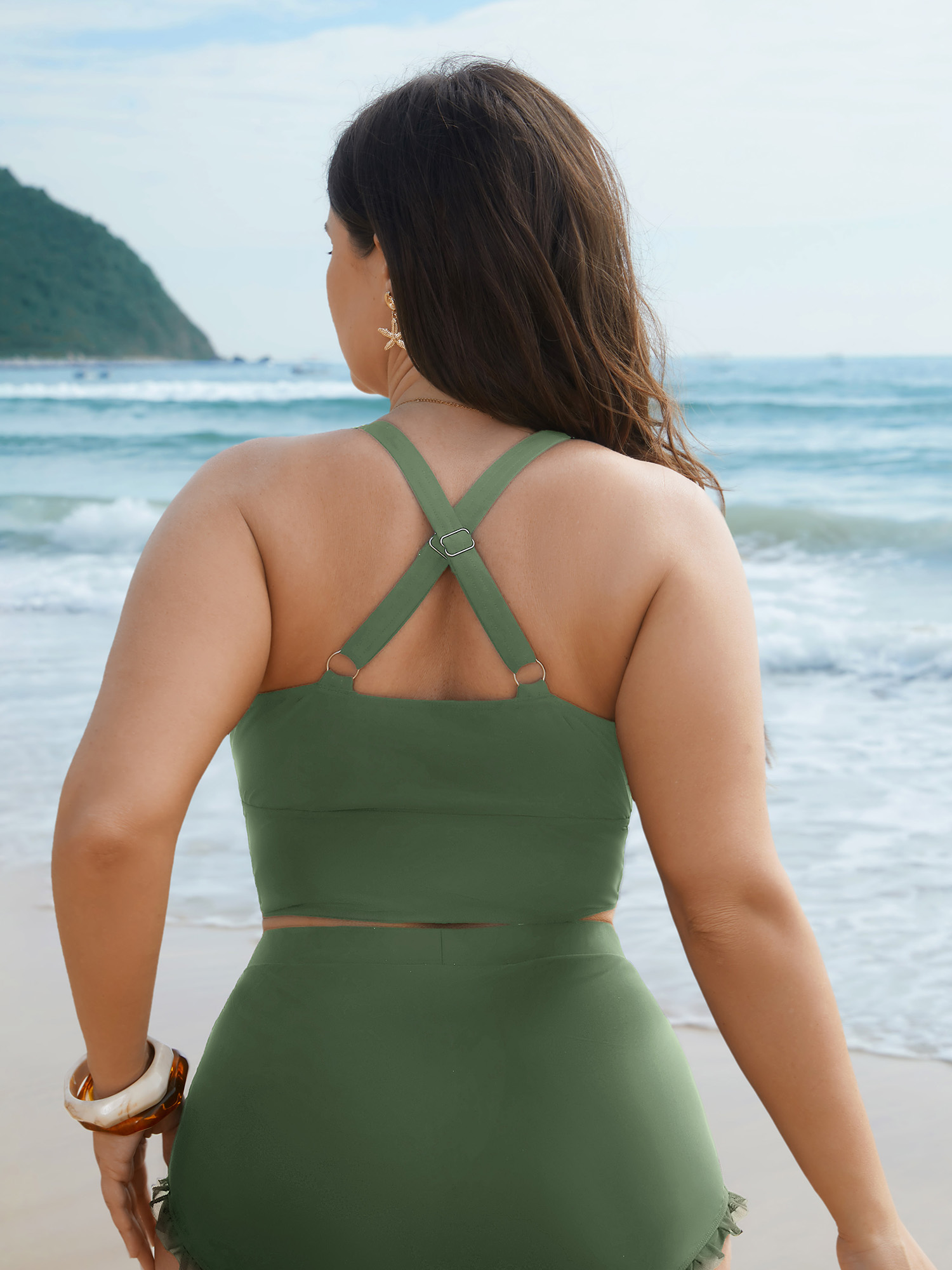 

Plus Size Bust Knot-Tie Ruffle Trim Supportive Swim Top Women's Swimwear Sage Beach Knotted High stretch Skinny Heart neckline Curve Swim Tops BloomChic