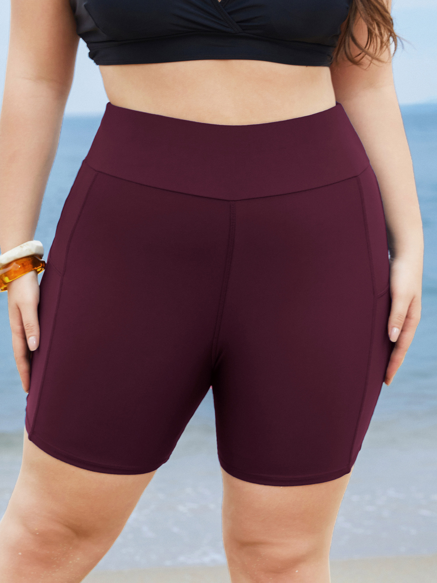 

Plus Size Solid Wideband Waist Swim Shorts Women's Swimwear Plum Beach Non High stretch Skinny High Rise Side seam pocket Curve Swim Bottoms BloomChic