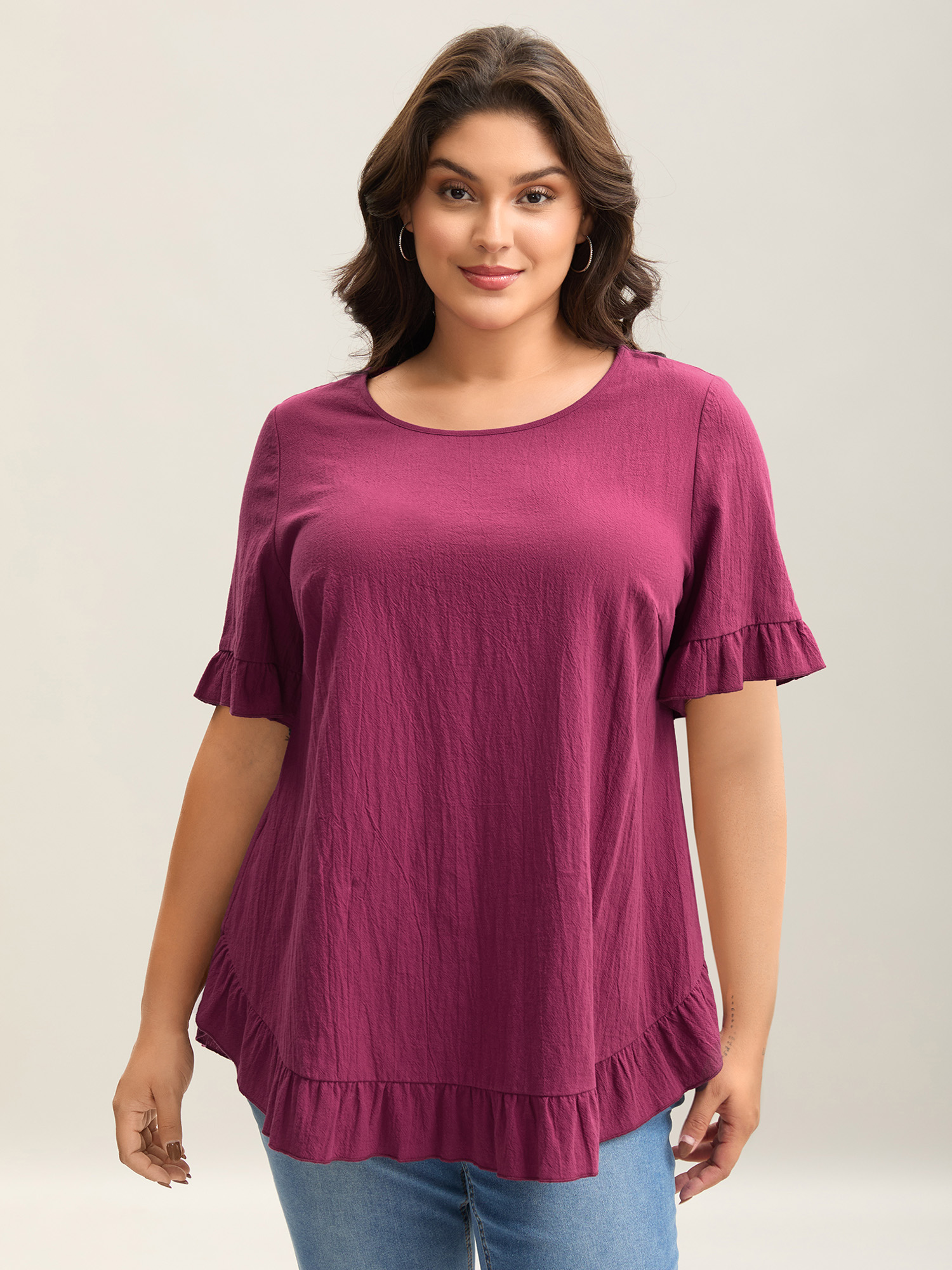 

Plus Size RedViolet Pure Cotton Ruffled Curved Hem Blouse Women Casual Short sleeve Round Neck Everyday Blouses BloomChic