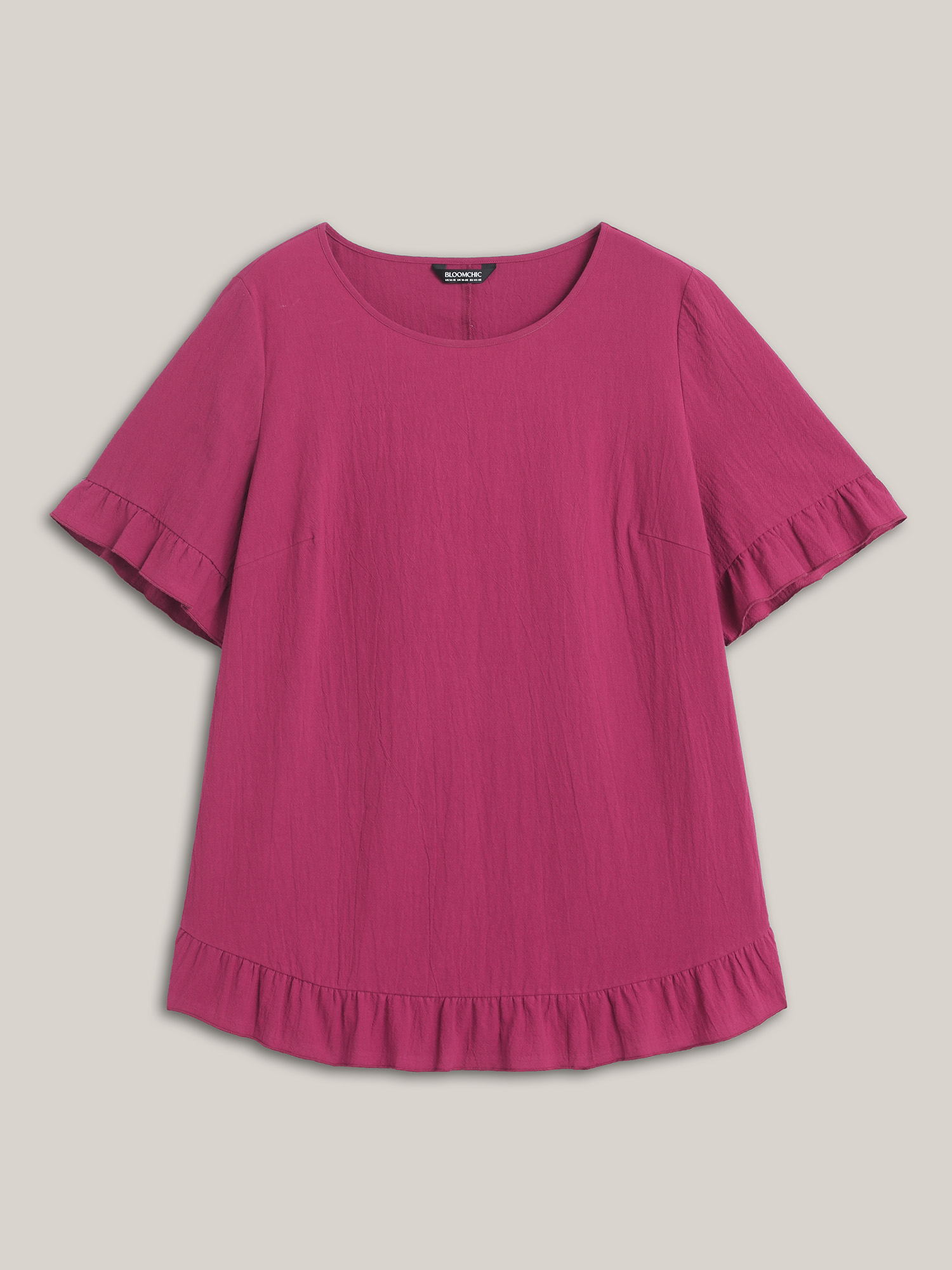 

Plus Size RedViolet Pure Cotton Ruffled Curved Hem Blouse Women Casual Short sleeve Round Neck Everyday-Casual Blouses BloomChic