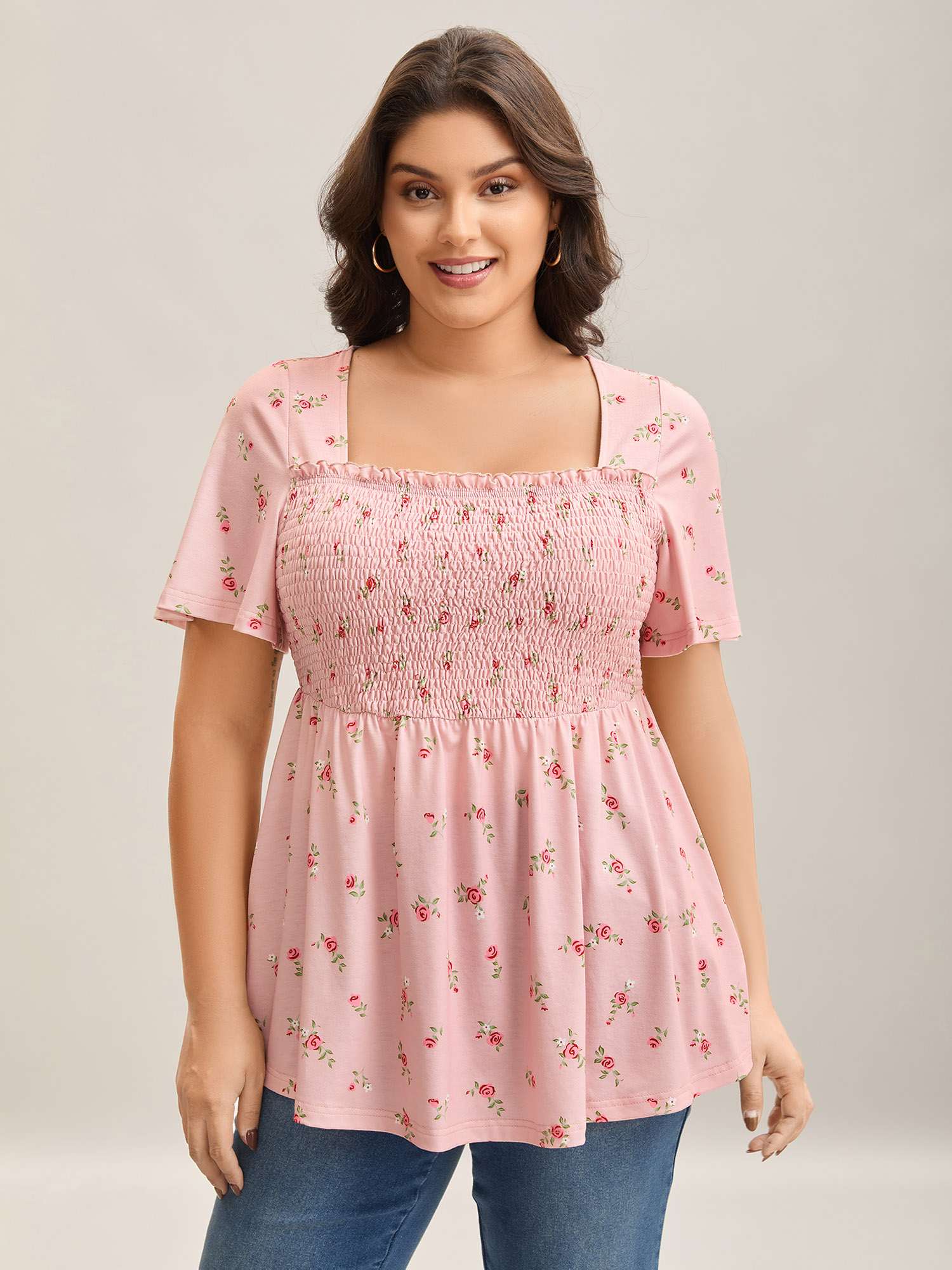 

Plus Size Flirty Floral Print Shirred Knit Top Nudepink Square Neck Short sleeve Elegant Jersey Tops