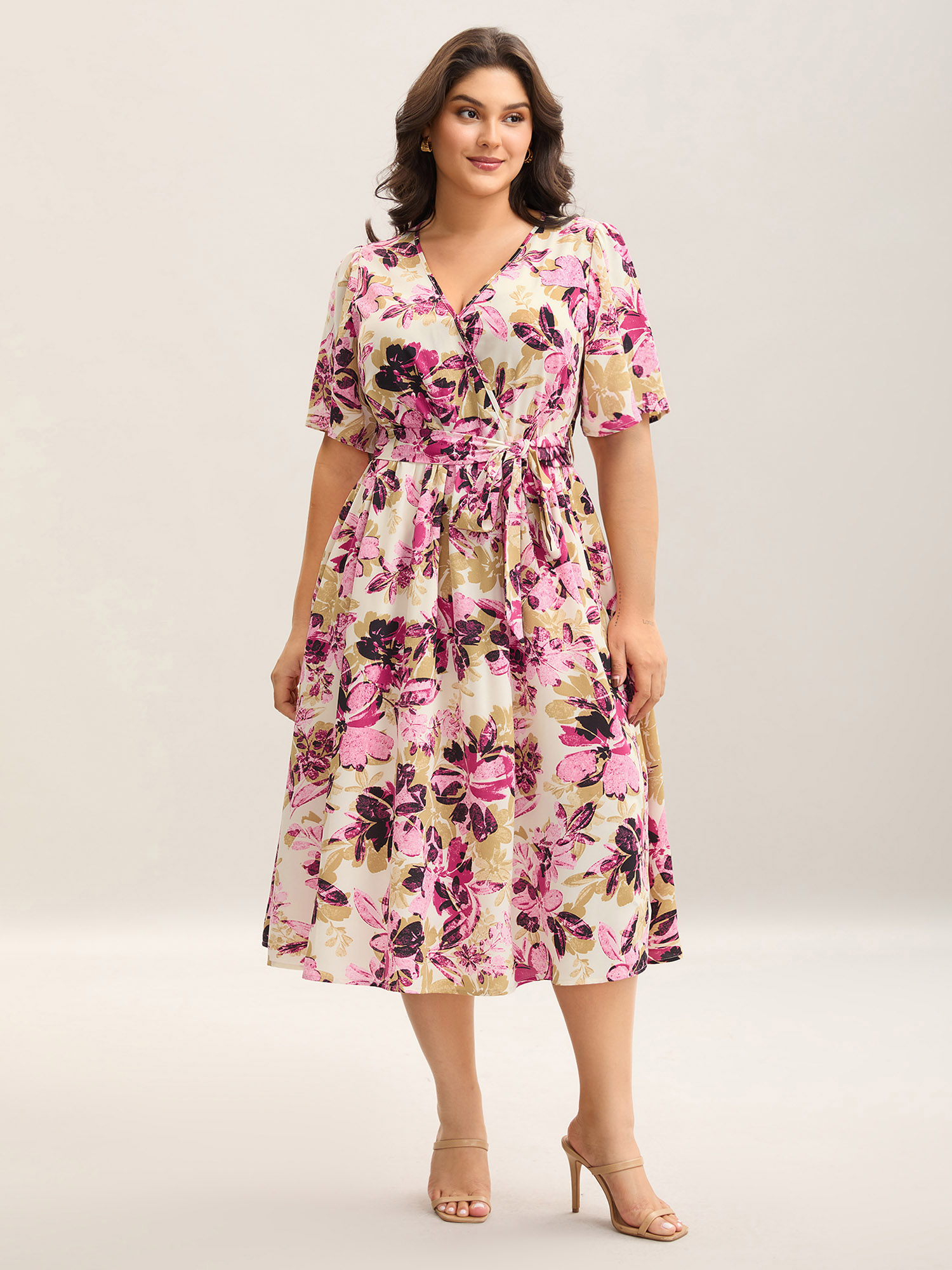 

Plus Size Floral Pattern Pockets Surplice Midi Dress Rosered Women Overlap Collar Half Sleeve Curvy BloomChic