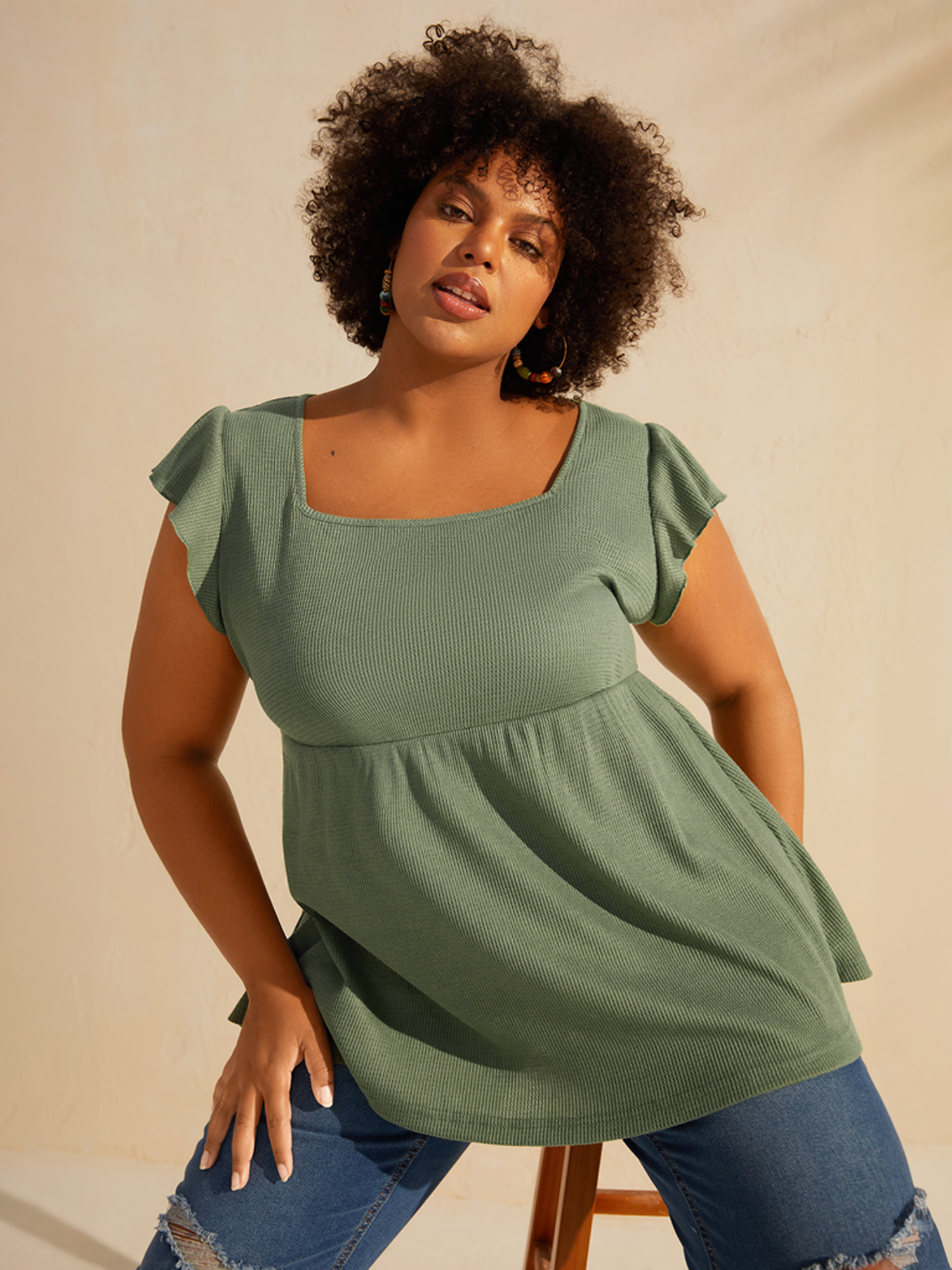 BloomChic Women's Plus Size Waffle Flutter Sleeve Stretchy Plain Top Four Leaf Clover Short sleeve Everyday-Elegant Square Neck 10/M